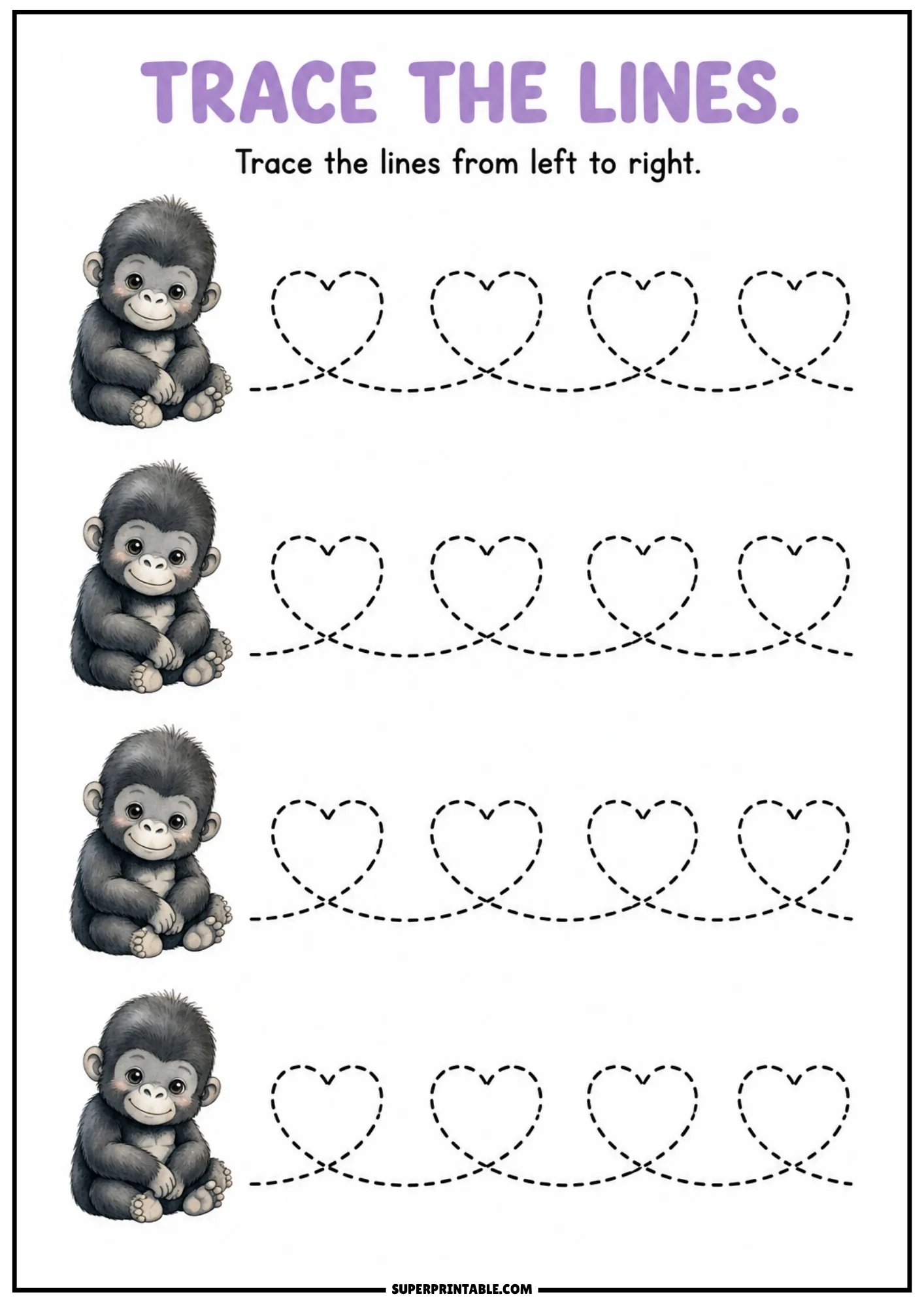 Printable line tracing worksheet with cute sitting baby gorilla and dashed heart loops.
