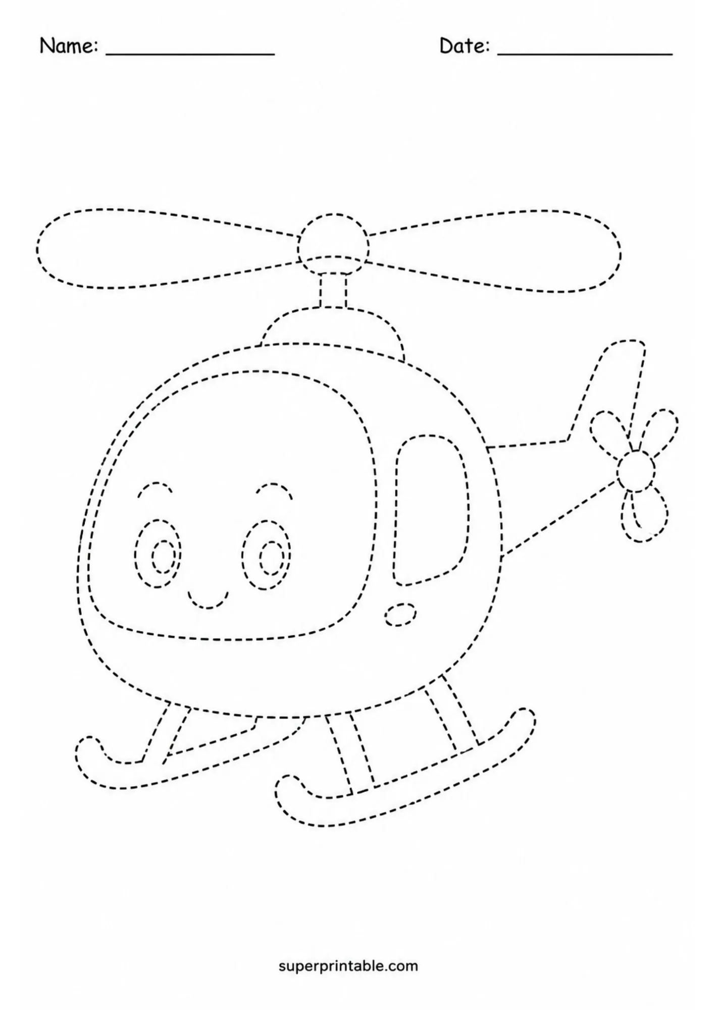 Black and white dashed line tracing worksheet of a cartoon helicopter with a smiling windshield face.