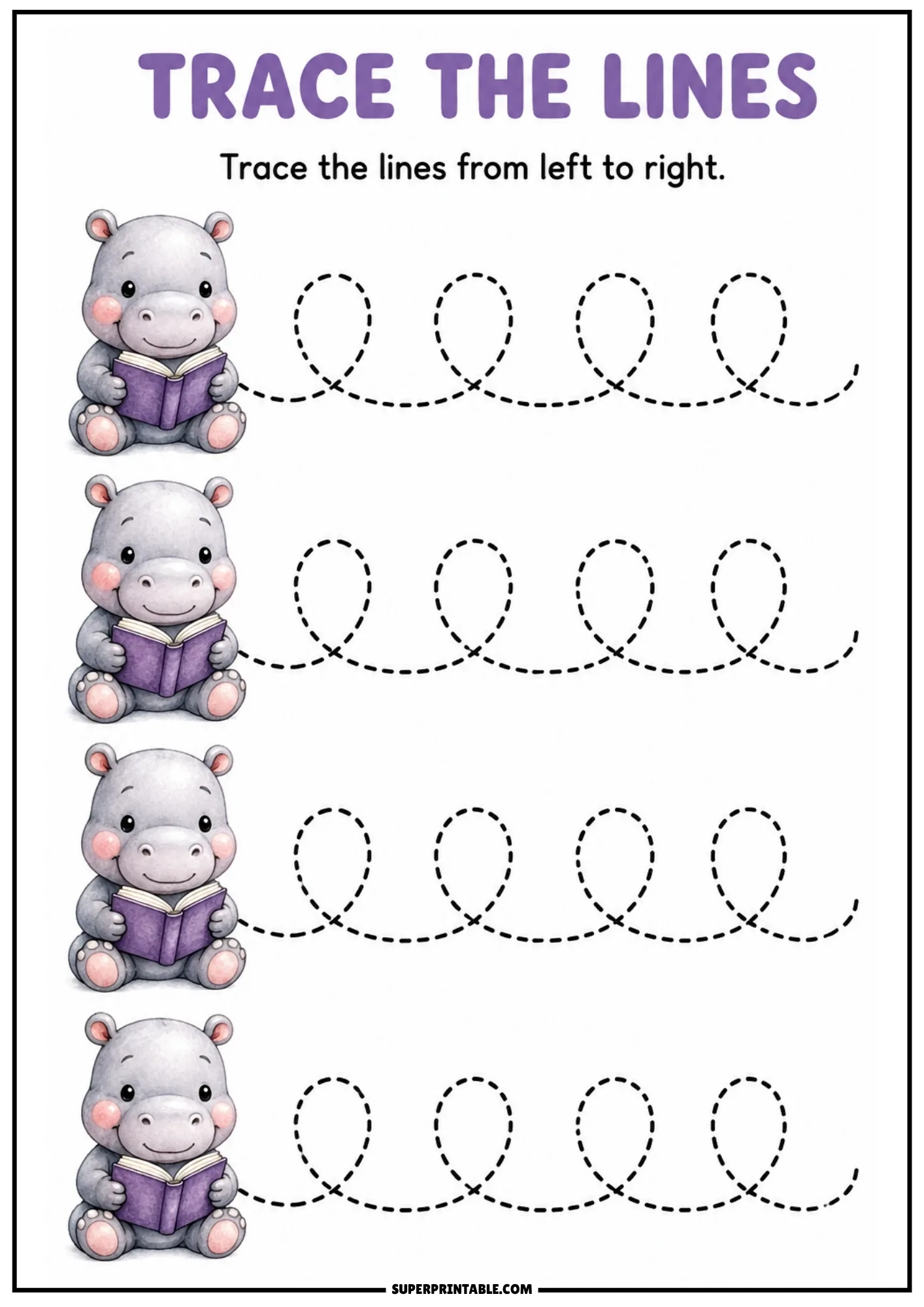 Line tracing worksheet with cute baby hippo reading a purple book and dashed loop paths.