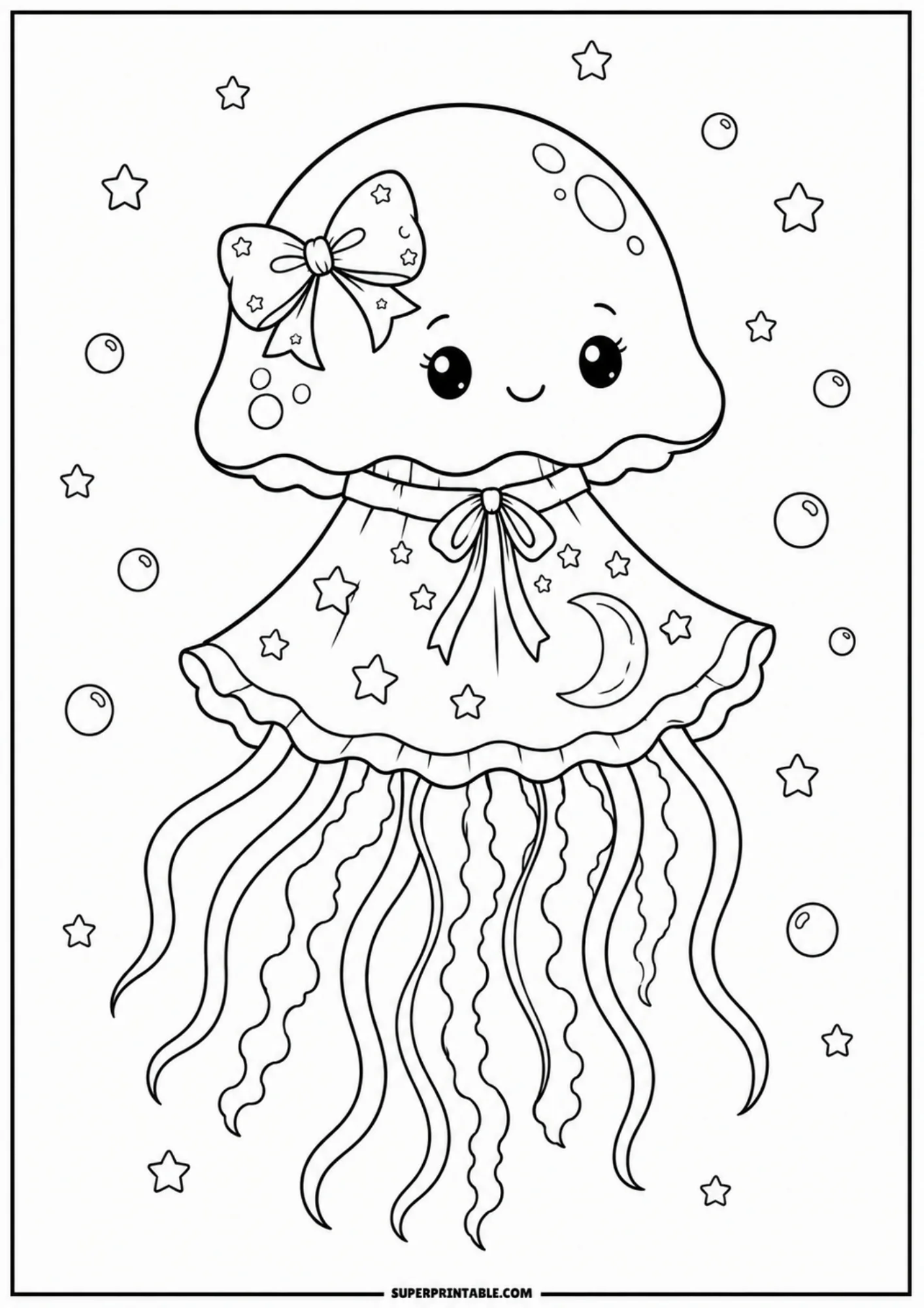 A cartoon jellyfish wearing a star-and-moon patterned dress and a head bow, floating among small stars and bubbles.