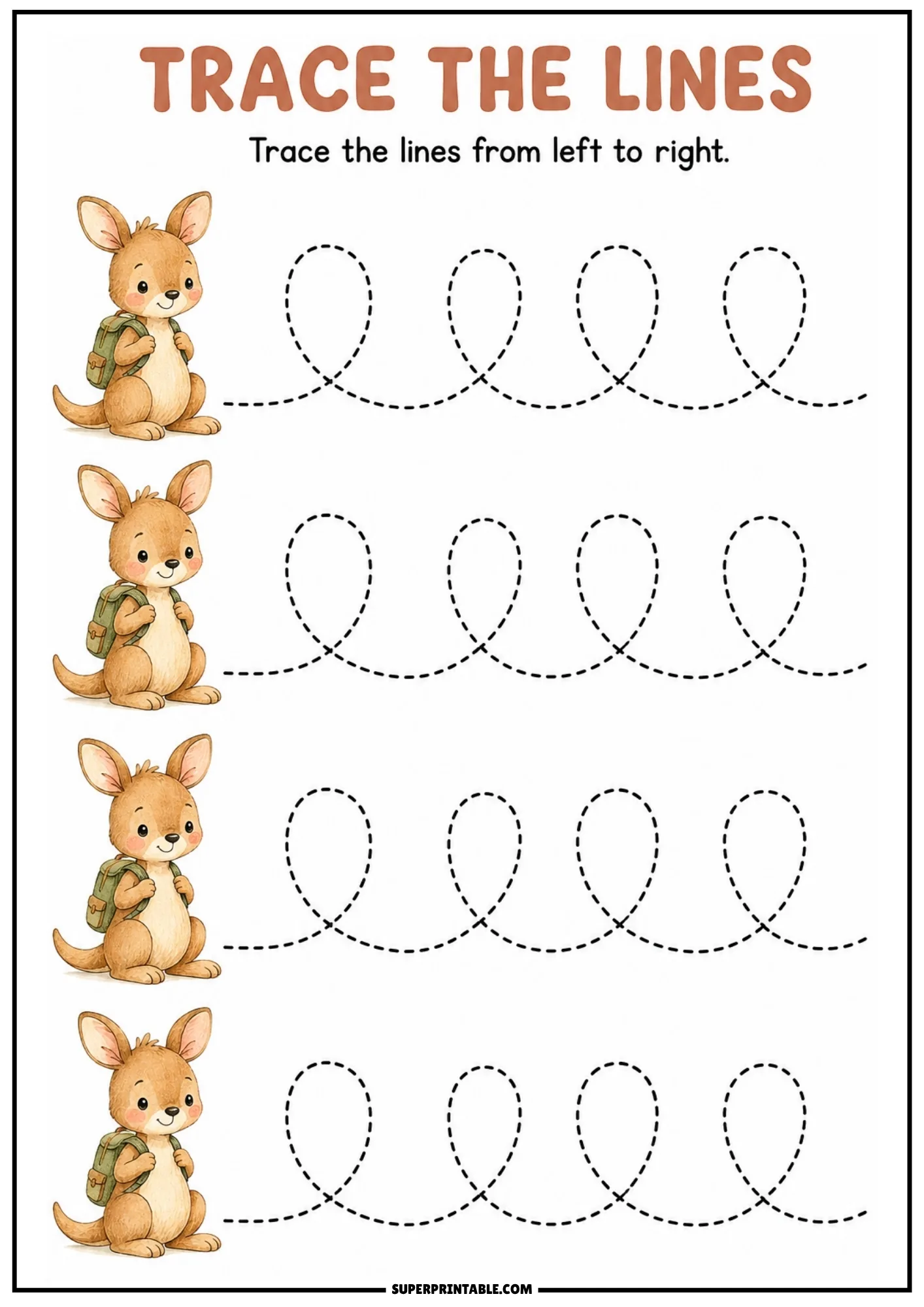 Printable line tracing worksheet with cute baby kangaroo wearing a backpack and loop tracing lines.