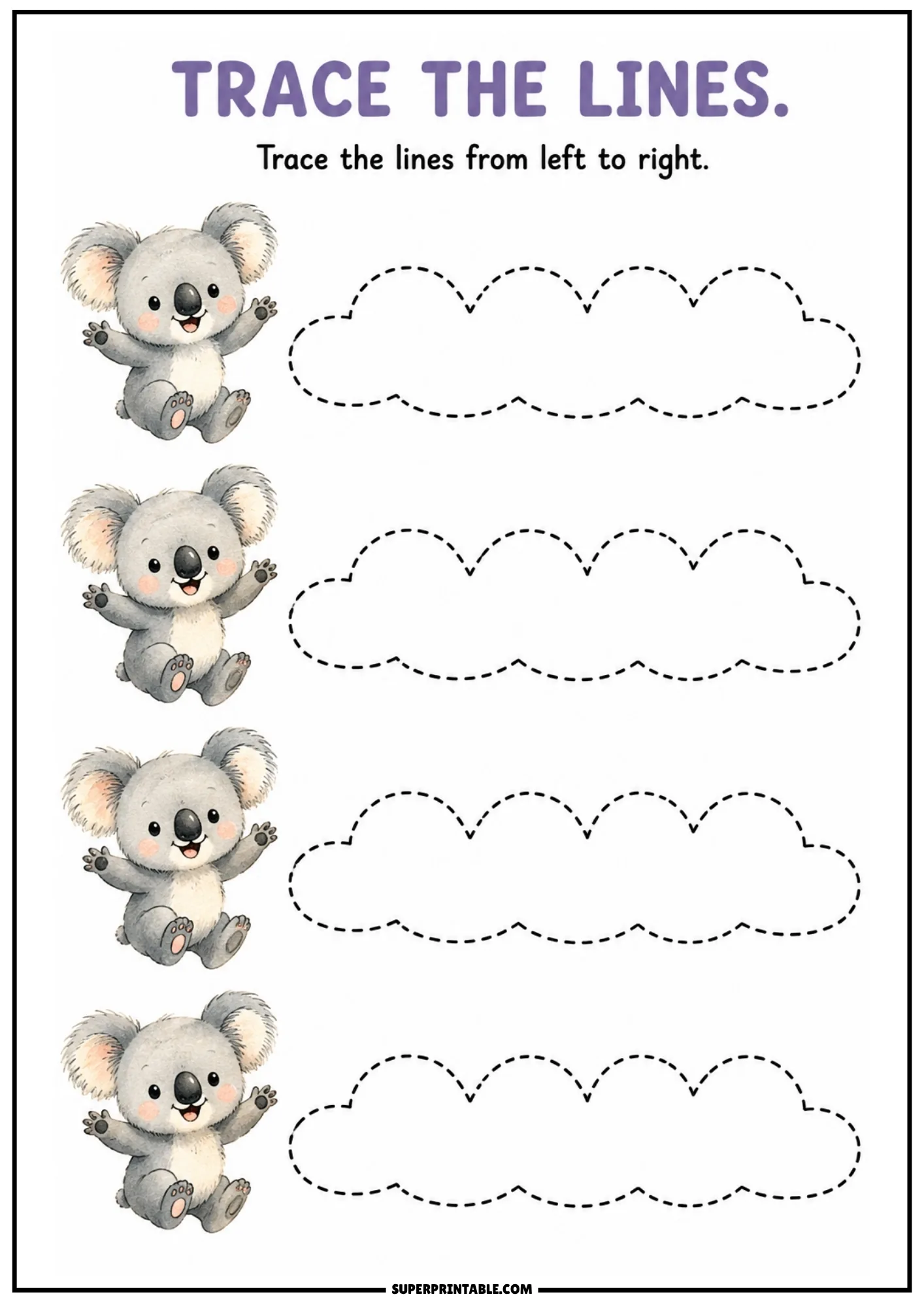 Line tracing worksheet showing a cute baby koala with open arms next to dashed cloud outlines.
