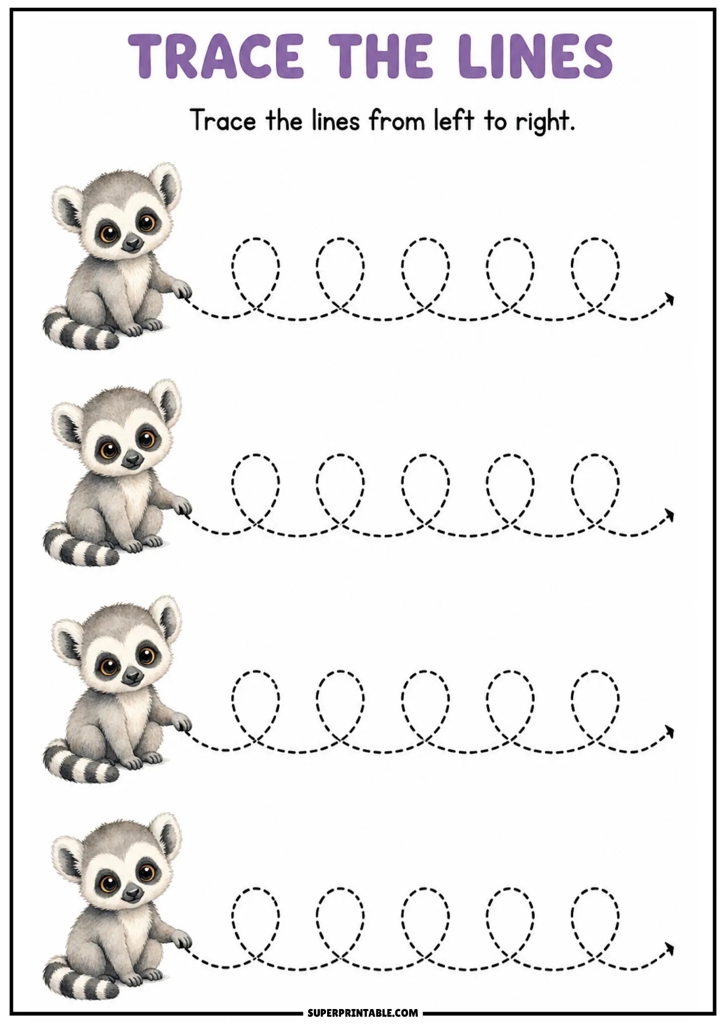 Line tracing worksheet featuring a cute ring-tailed lemur and dashed loop lines ending with an arrow.