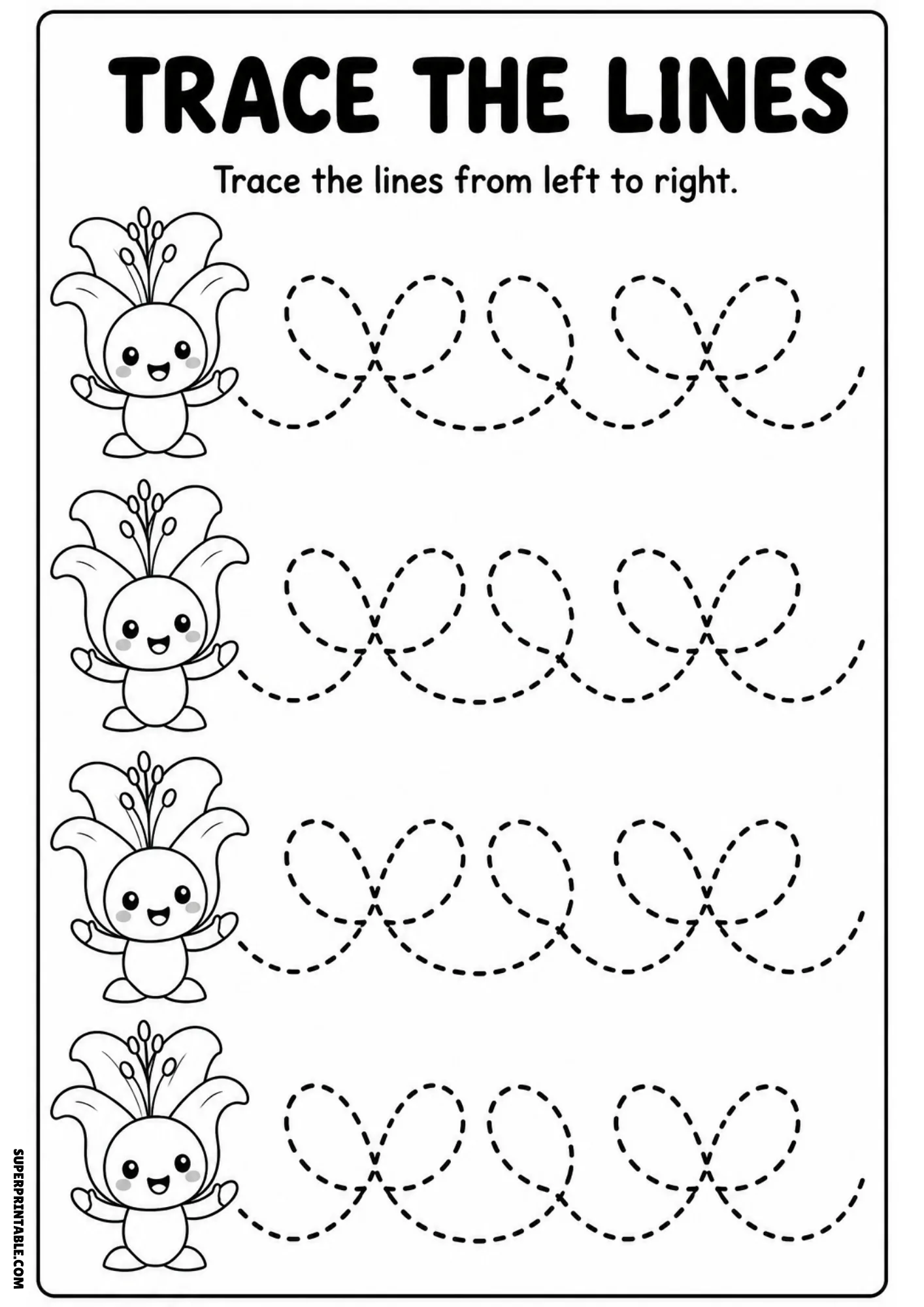 Black and white tracing sheet with four cute lily flower characters and dashed cursive looping tracing lines.