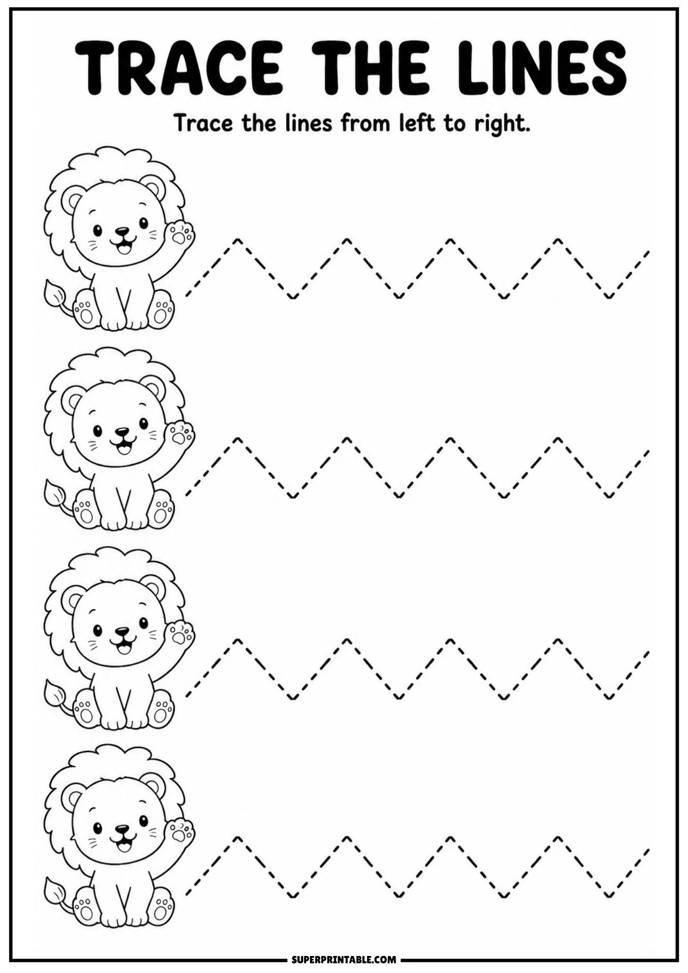 Line tracing worksheet for kids featuring cute waving lions and dashed zigzag lines.