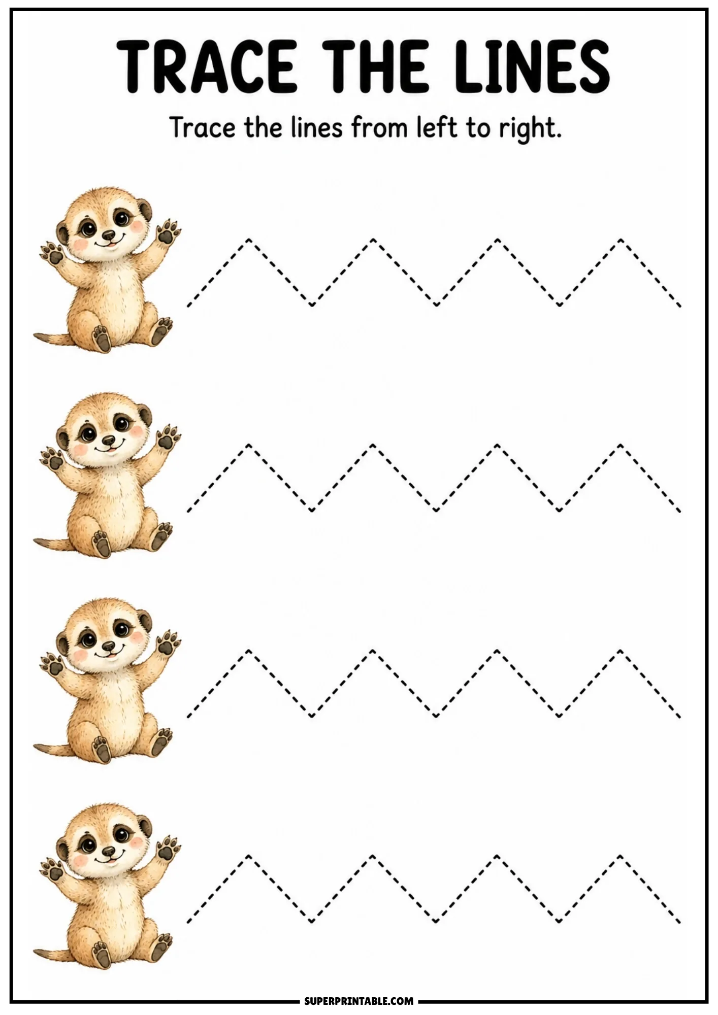 Pre-writing worksheet with cute baby meerkat raising its paws and dashed zigzag lines.