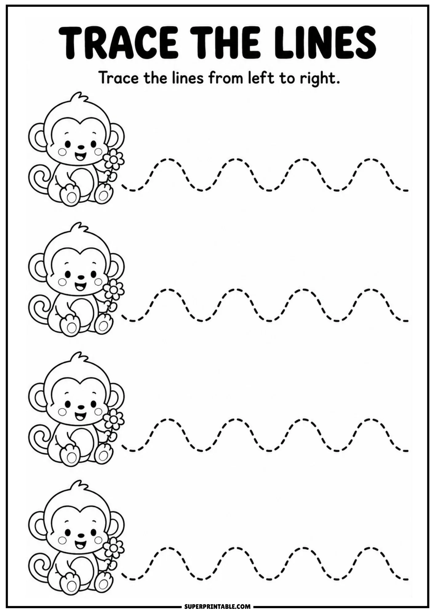 Line tracing worksheet featuring cute baby monkeys holding flowers and dashed arched wave patterns.