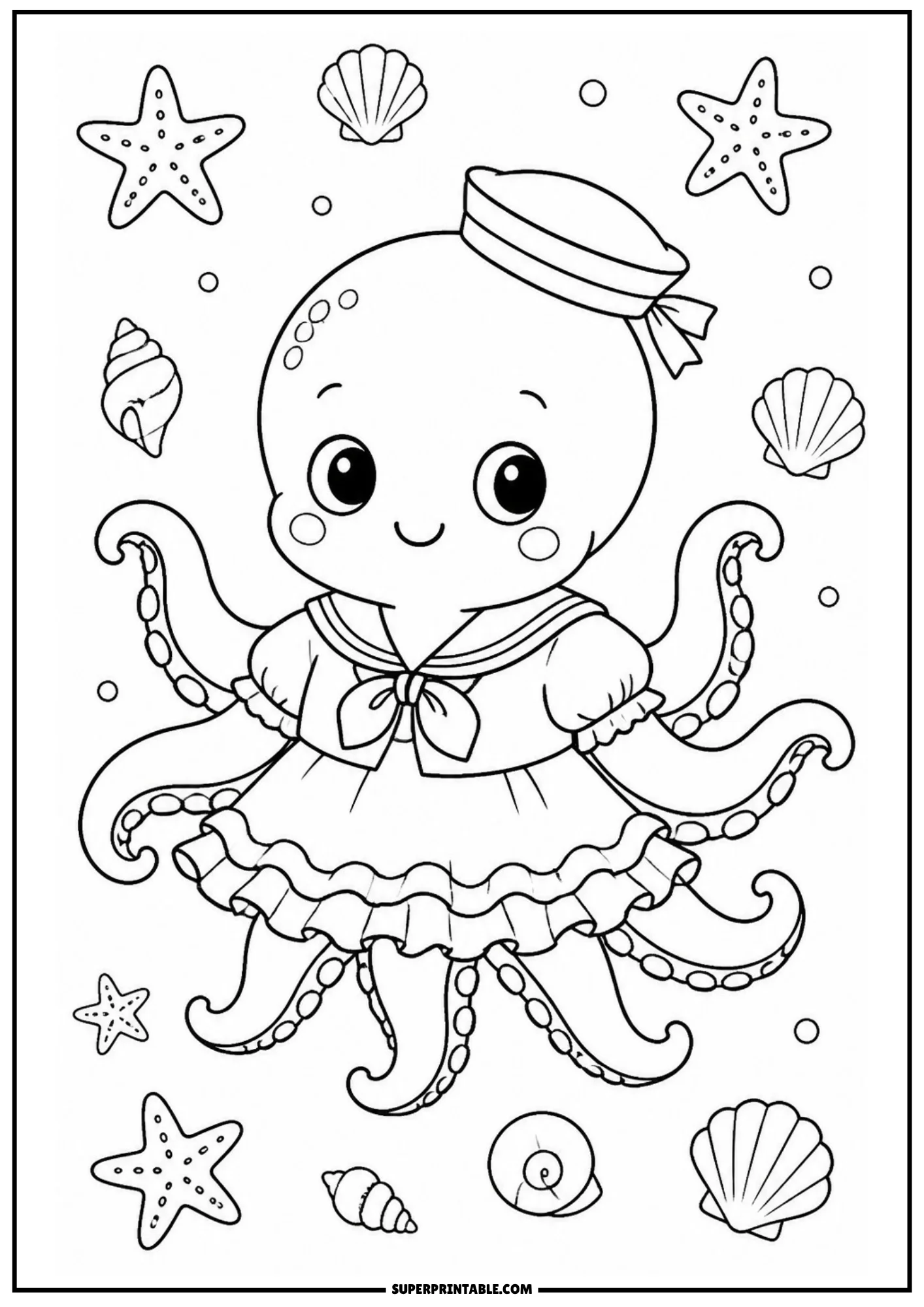 A cartoon octopus wearing a sailor dress and hat, surrounded by seashells, starfish, and bubbles.
