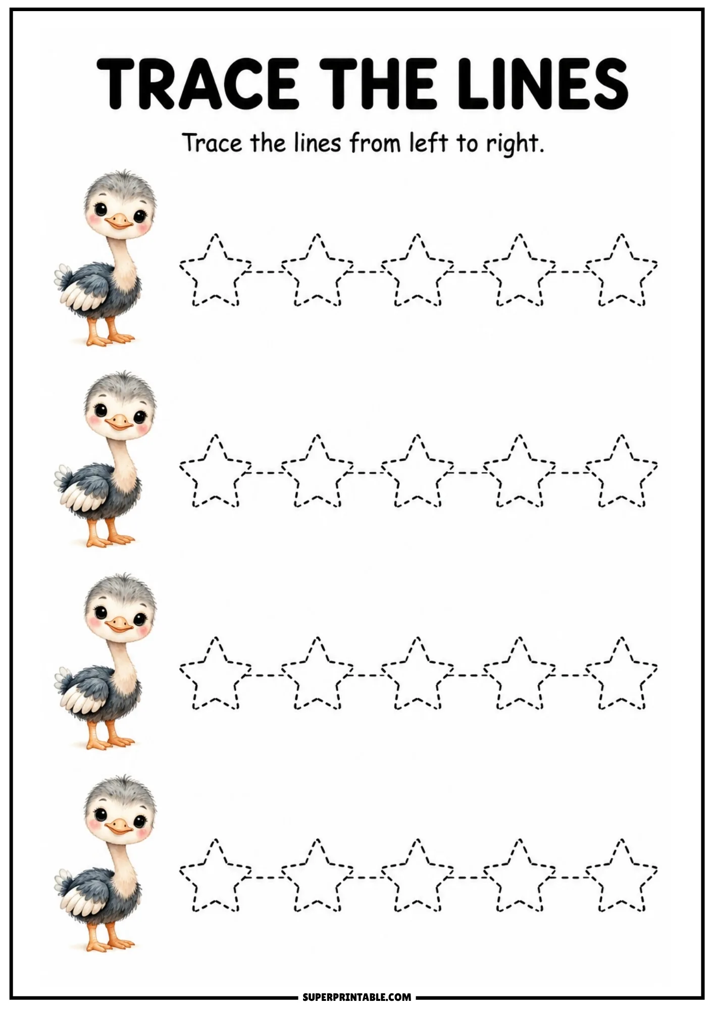 Printable line tracing worksheet with a cute baby ostrich and dashed star outlines.