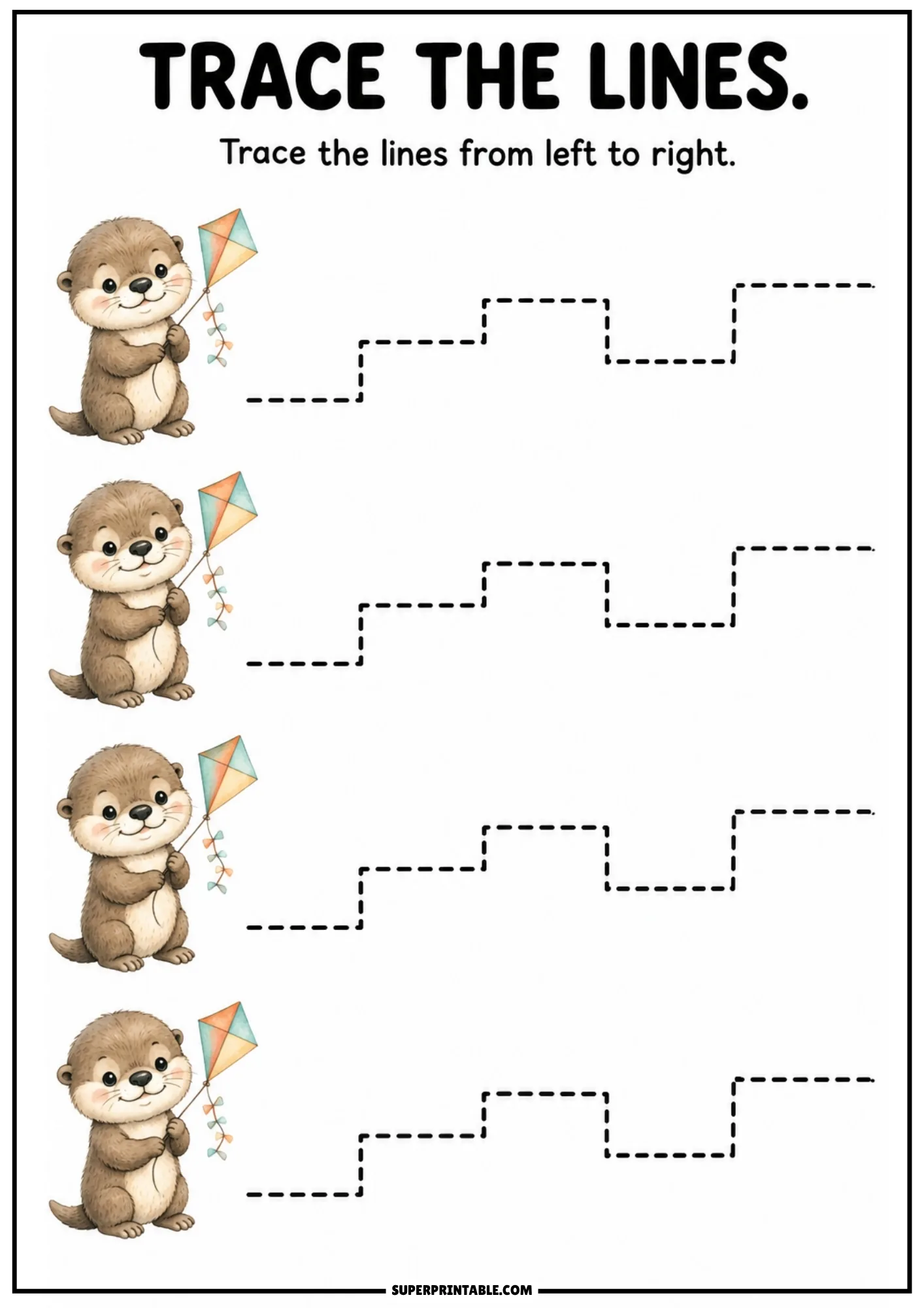 Pre-writing line tracing worksheet featuring a cute otter holding a kite and stair-step lines.