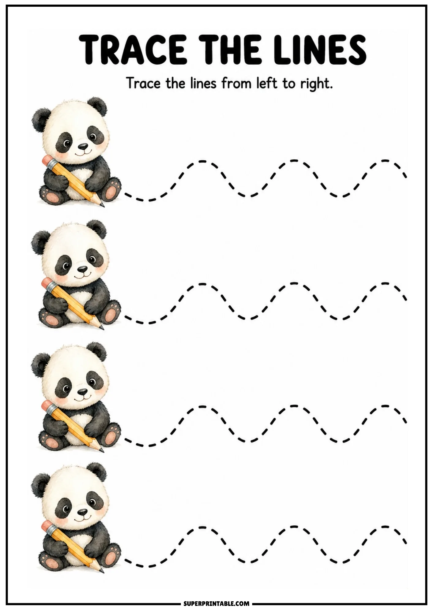 Pre-writing line tracing worksheet featuring a cute watercolor panda holding a pencil with wavy lines.