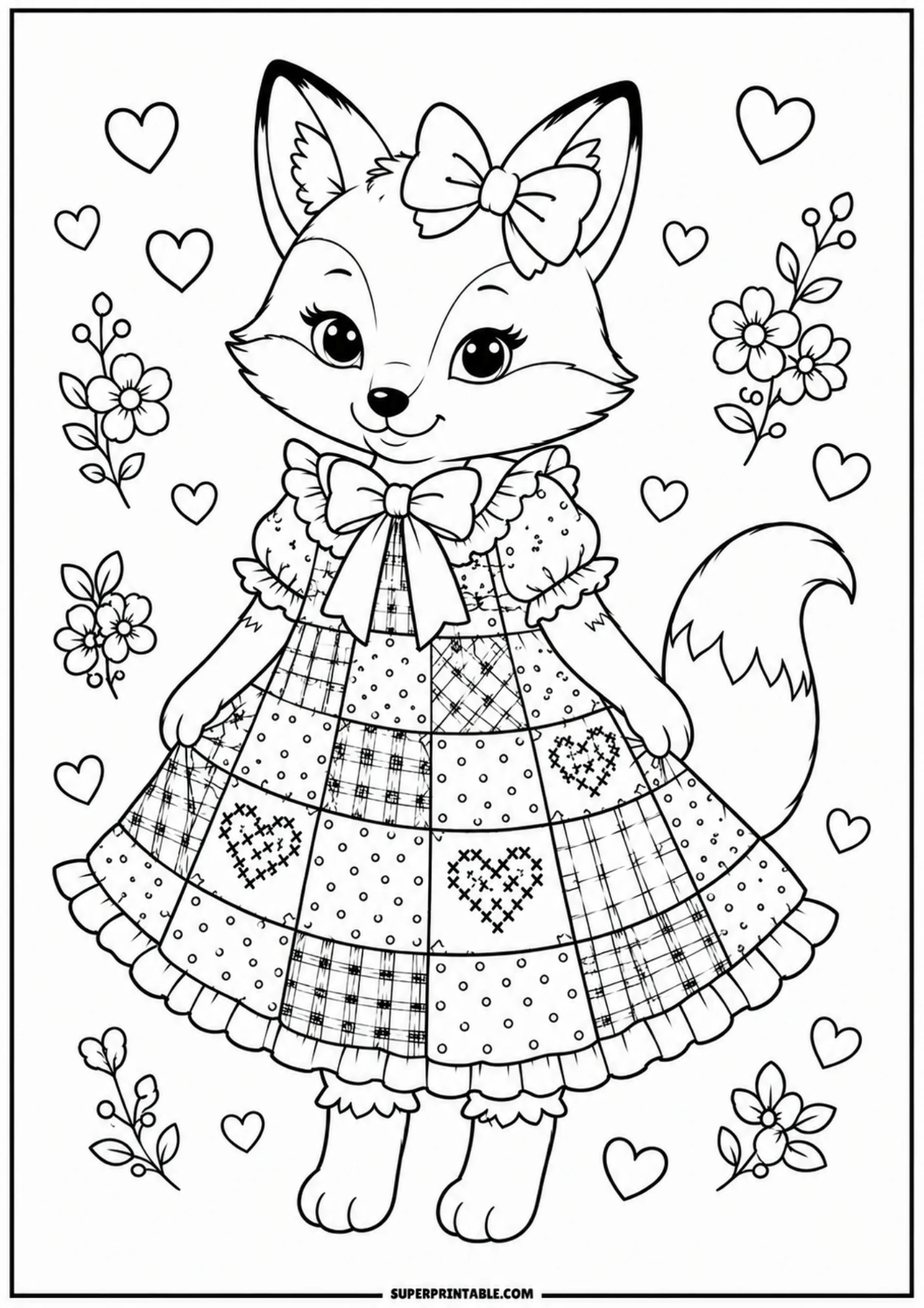 A vintage style coloring page of a cute female fox standing up, wearing a patchwork dress decorated with sewn hearts, a bow at the collar, and another bow on her head.
