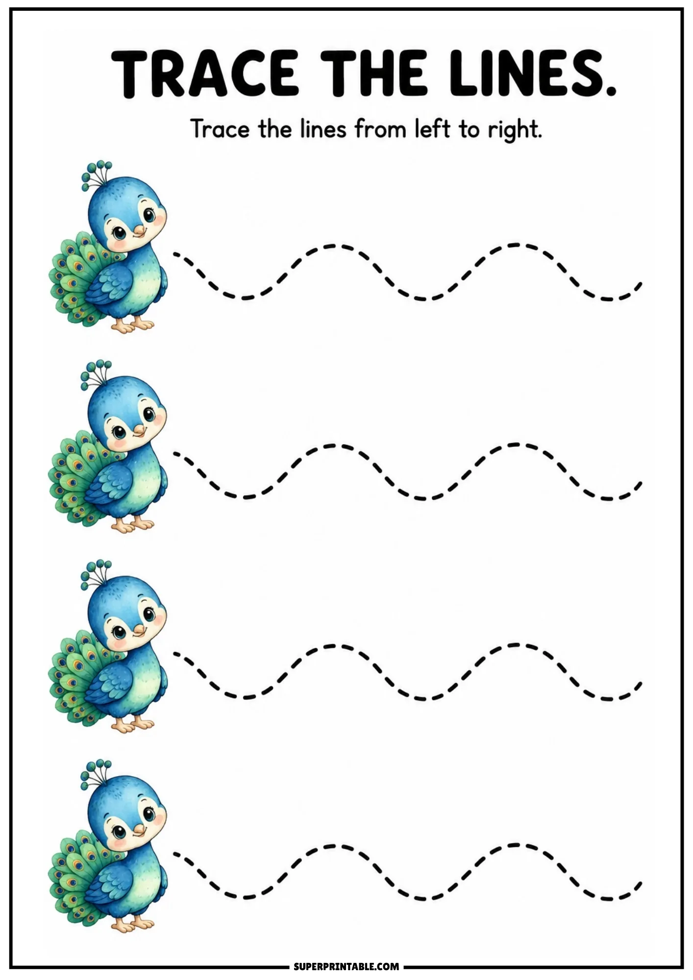 Line tracing worksheet featuring a colorful baby peacock and smooth wavy dashed lines.