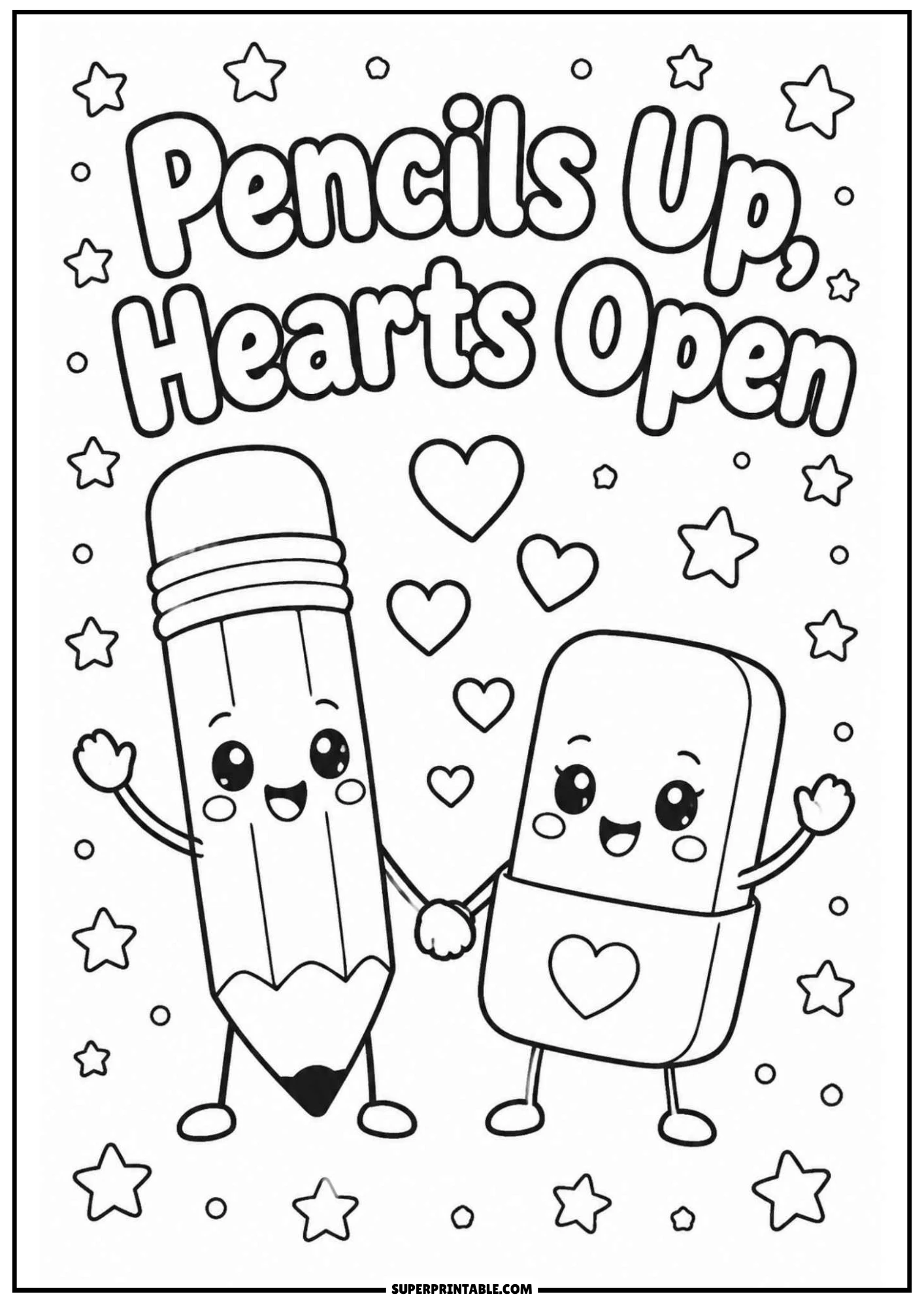 A cartoon pencil and eraser holding hands surrounded by floating hearts and stars with the phrase Pencils Up, Hearts Open.