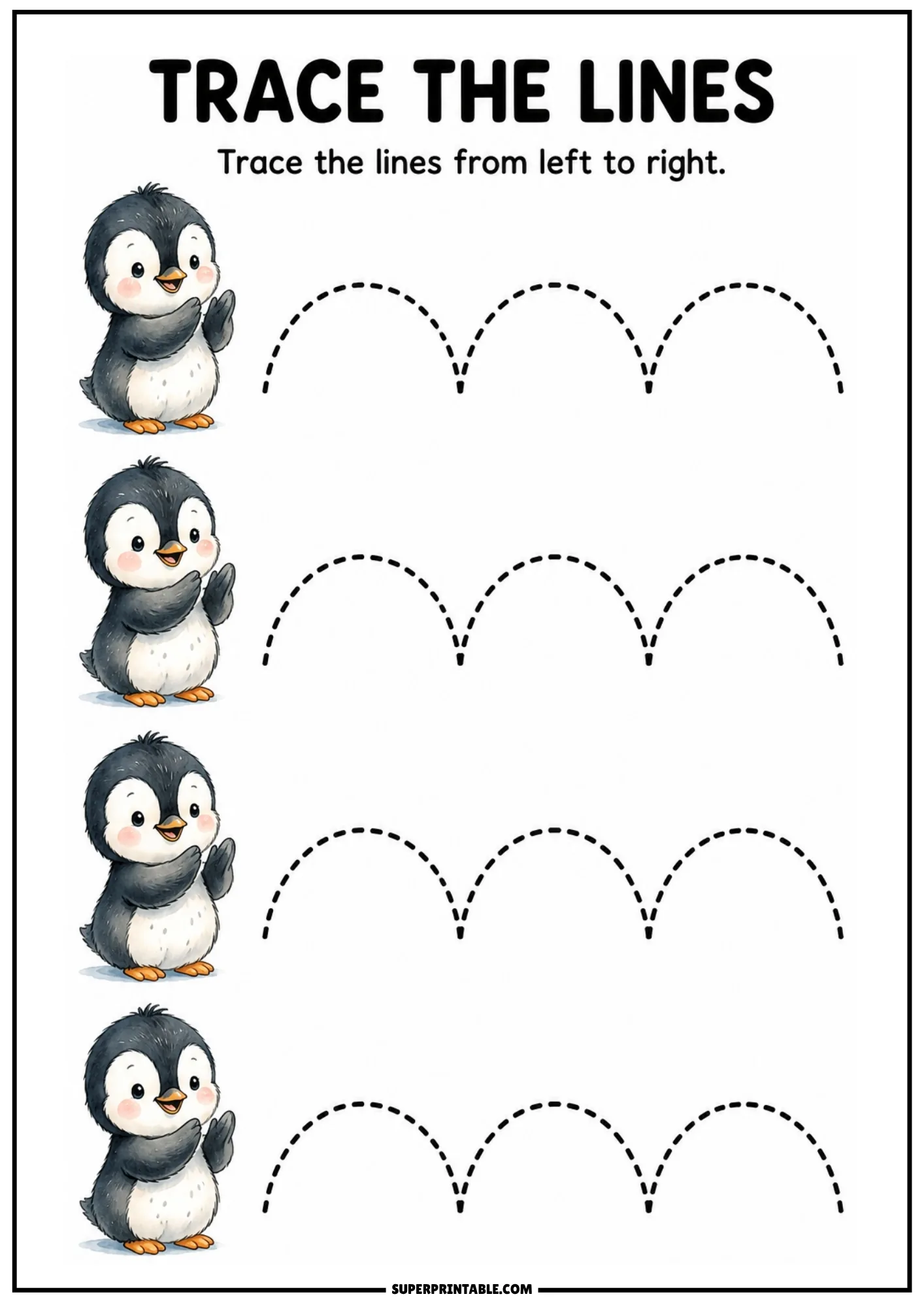 Pre-writing worksheet with cute clapping baby penguin and high curved dashed arch lines.