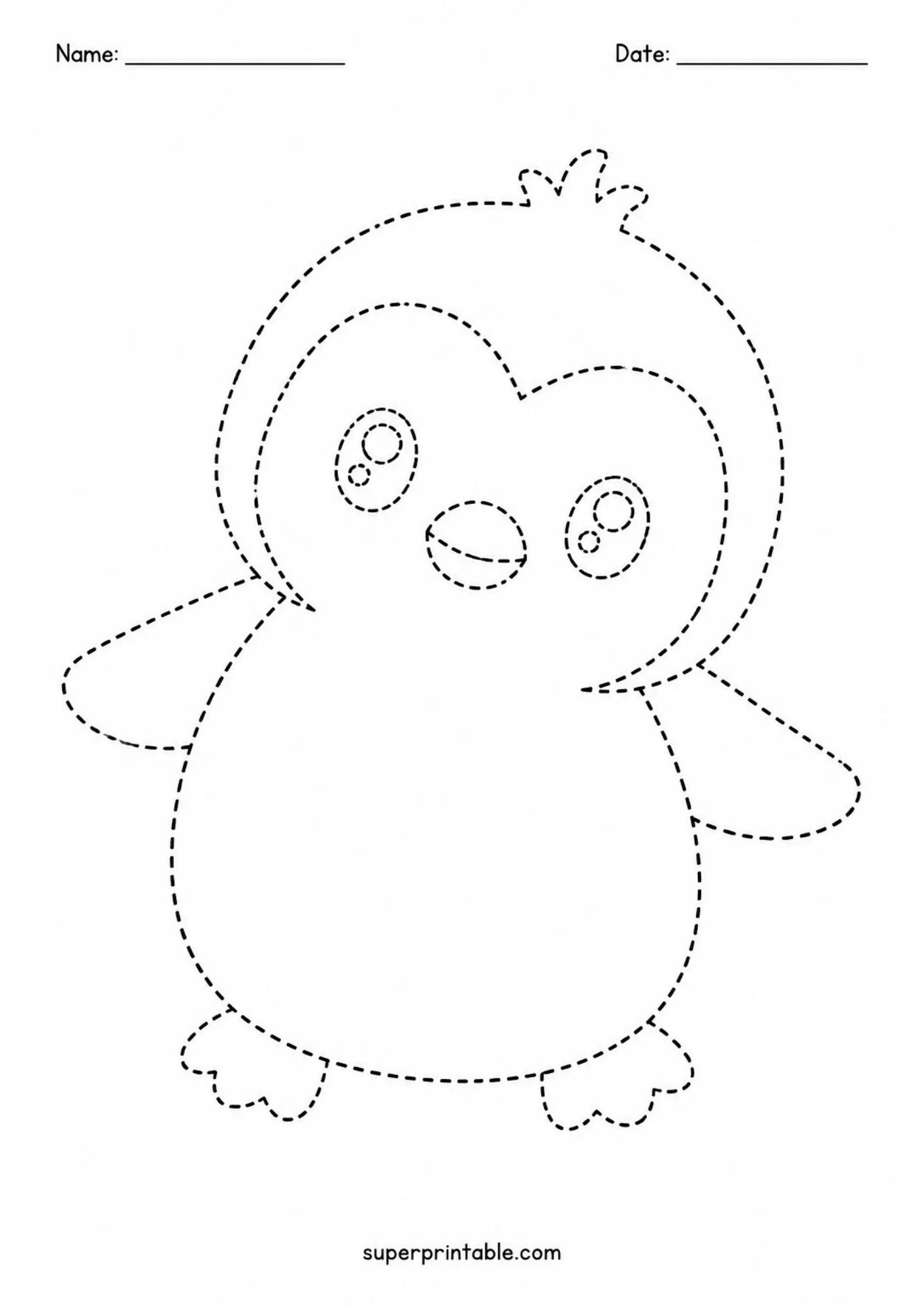 Simple dotted line art worksheet featuring a baby penguin chick standing with a tilted head, large round eyes, and outstretched flippers.