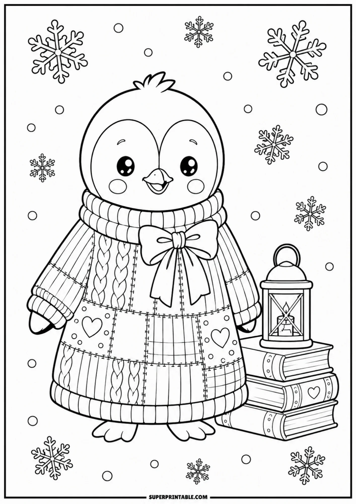 A cartoon penguin wearing a knitted patchwork sweater dress and a scarf, standing next to a stack of books and a lantern under snowflakes.