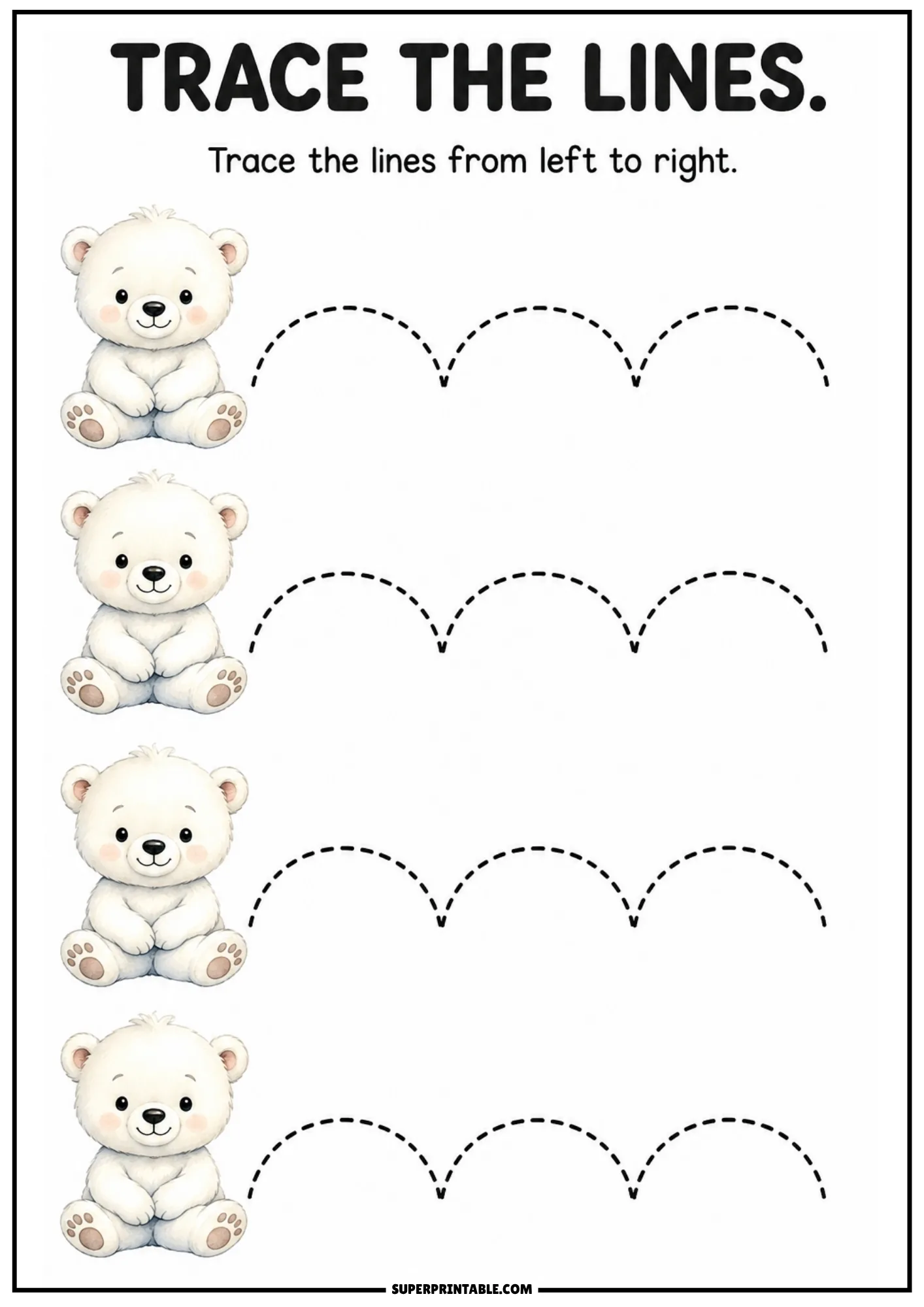 Line tracing worksheet with cute sitting polar bear cub and dashed arch tracing lines.