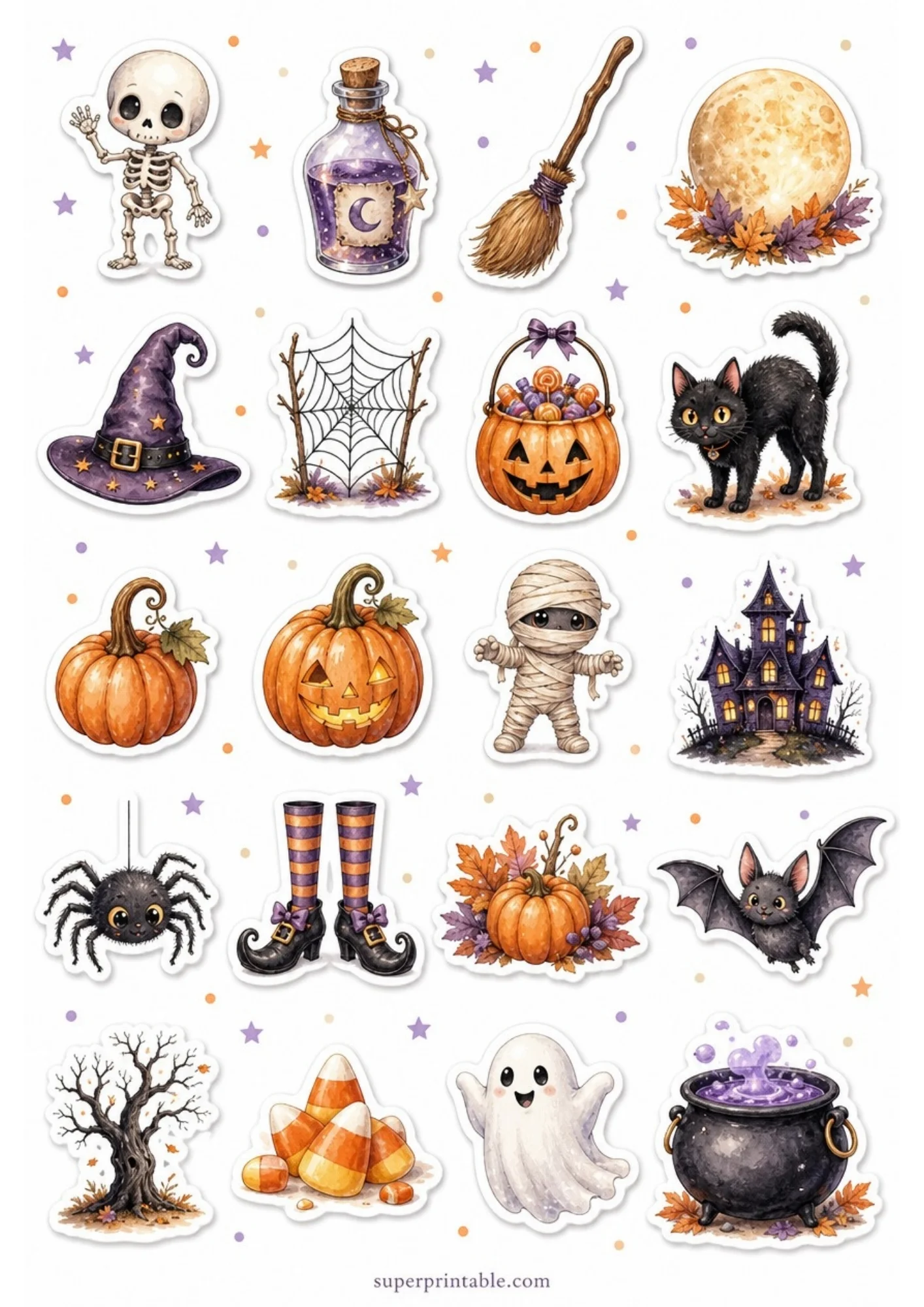 A collection of twenty cute purple and orange Halloween stickers showing waving skeletons, bubbling cauldrons, witch hats, bats, and candy corn.
