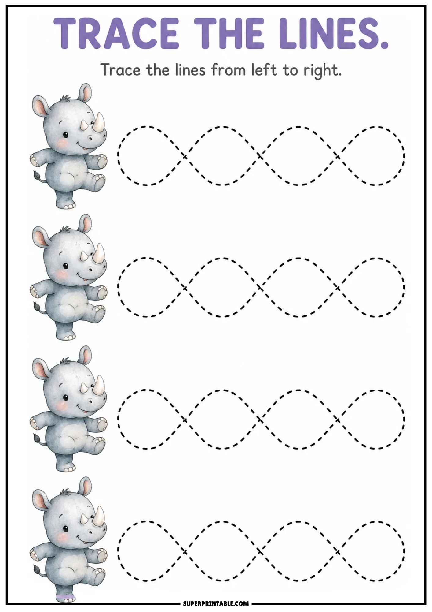Printable line tracing sheet featuring a playful baby rhino and crisscross infinity loop lines.