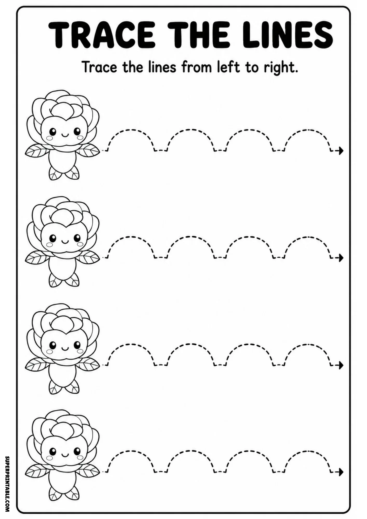 Black and white line art tracing worksheet with four cartoon rose characters and dashed arching lines ending in arrows.