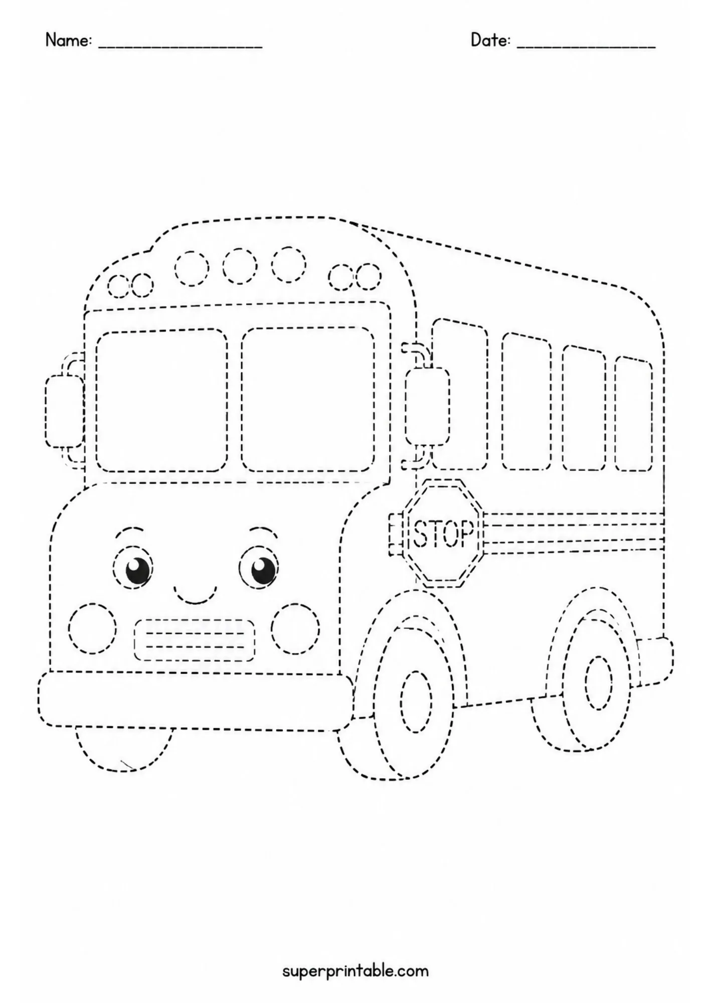 Black and white dashed tracing printable of a smiling cartoon school bus with an extended stop sign.