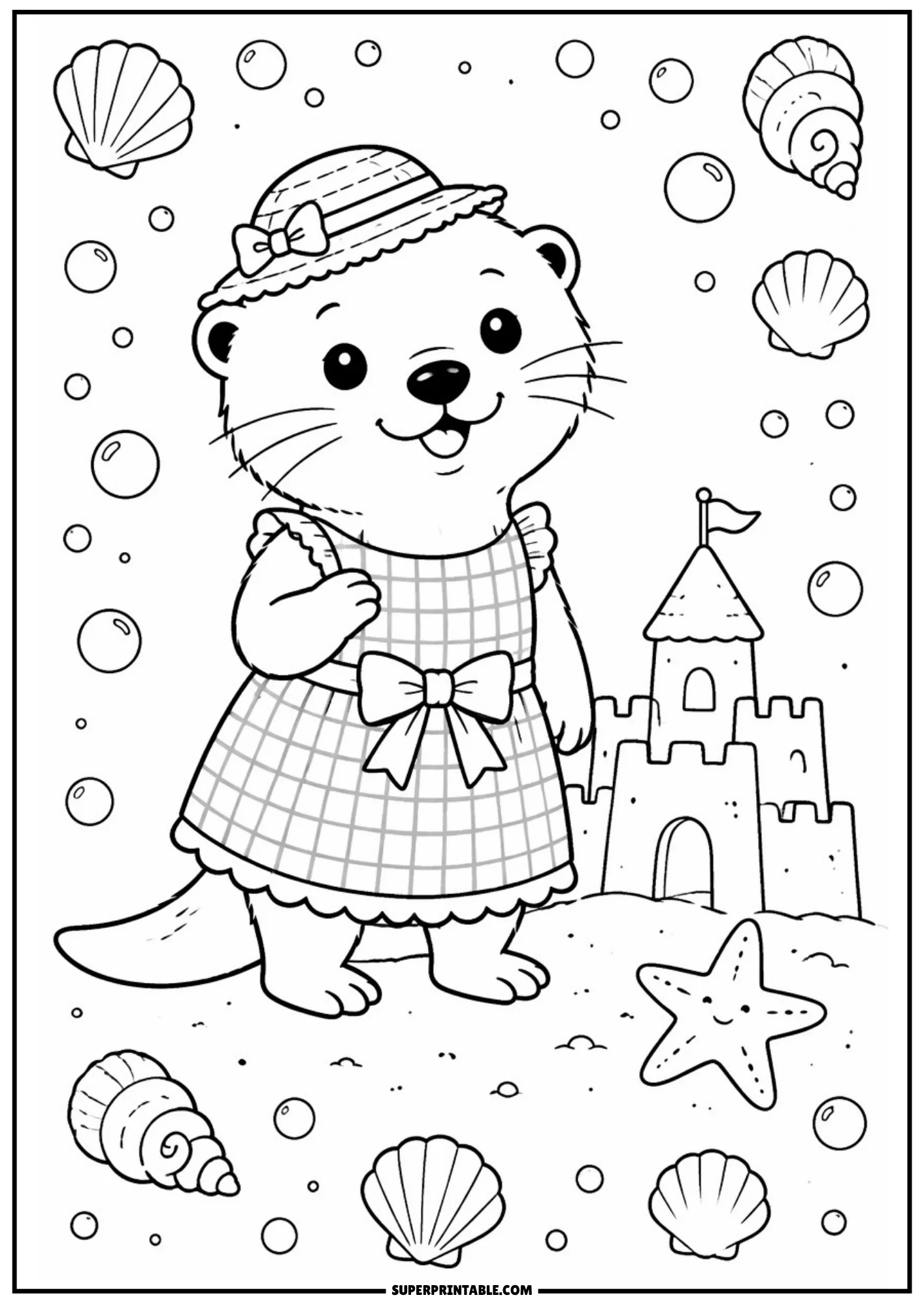 A cartoon sea otter wearing a straw hat and checkered dress, standing on a beach next to a sandcastle and a smiling starfish.