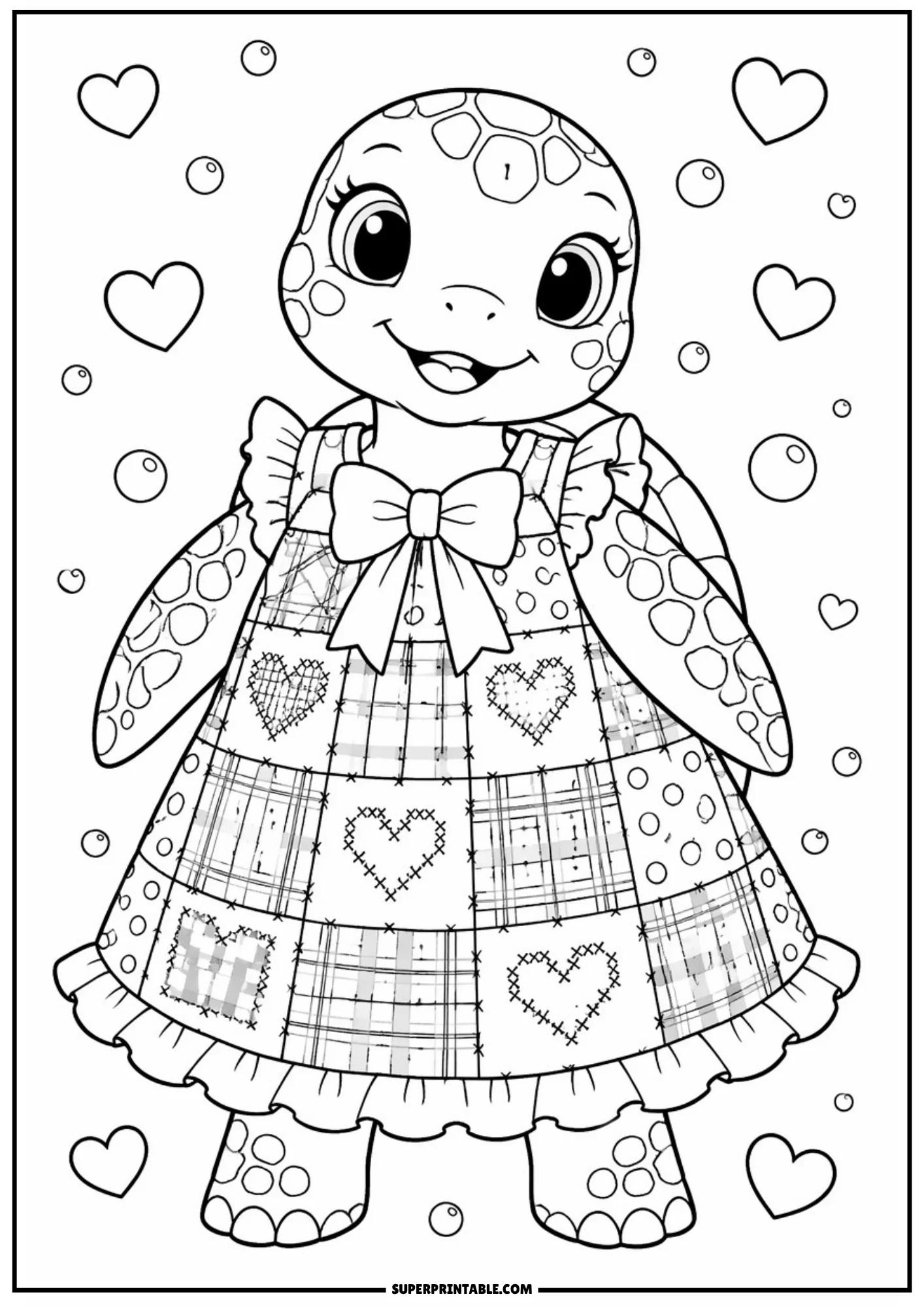 A cartoon sea turtle wearing a patchwork heart dress and a bow on its collar, surrounded by bubbles and floating hearts.