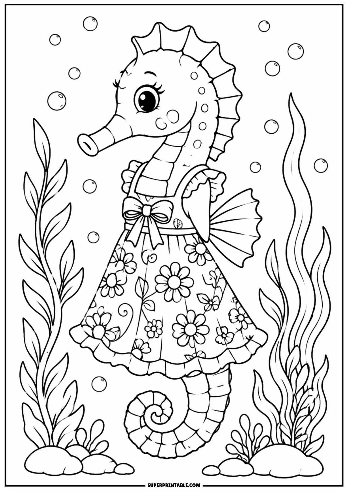 A cartoon seahorse wearing a flower-patterned dress with a bow, floating between two tall sea plants and underwater bubbles.