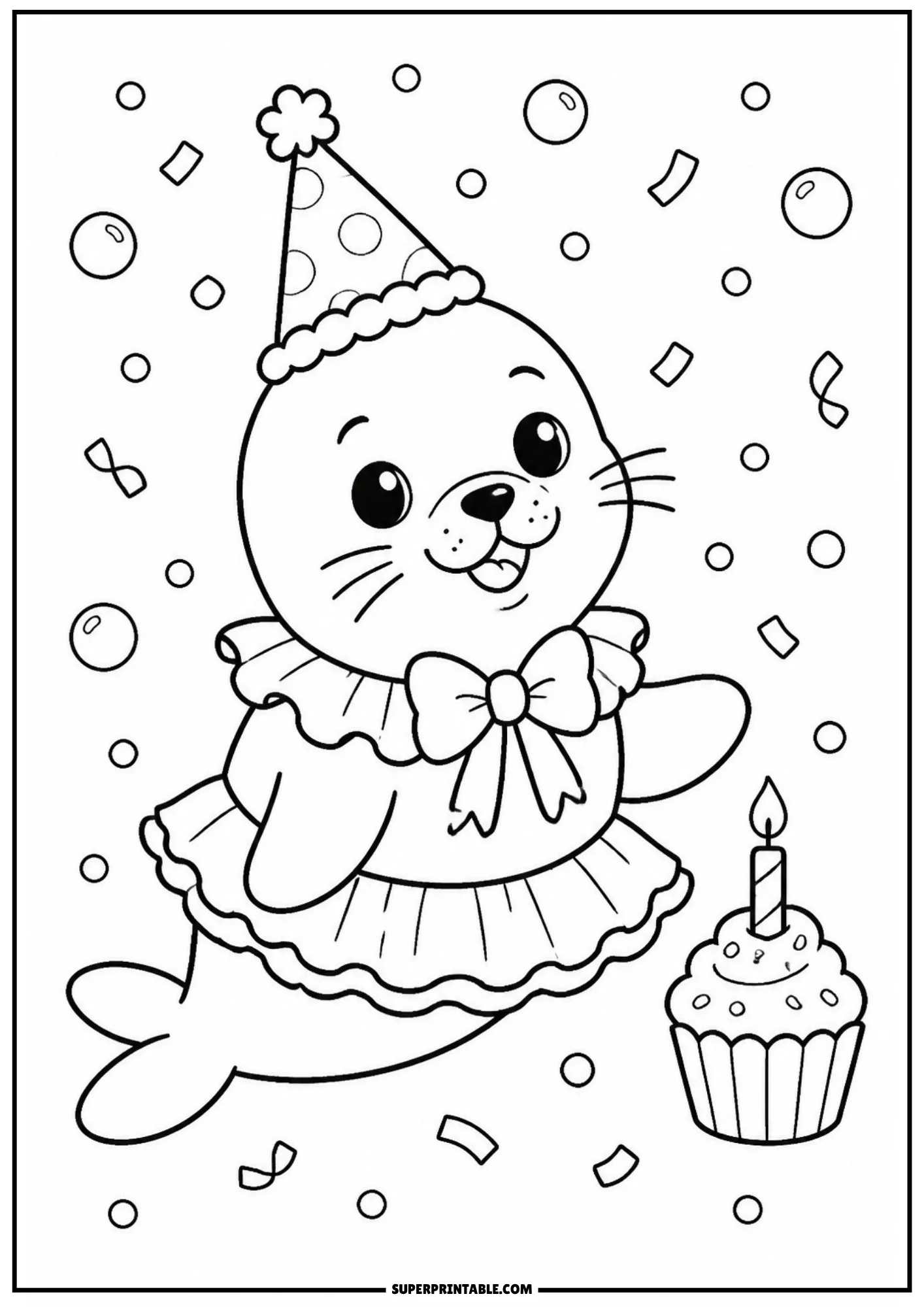 A cartoon baby seal wearing a party hat, collar ruffles, and a tutu dress, floating next to a birthday cupcake with a single candle.