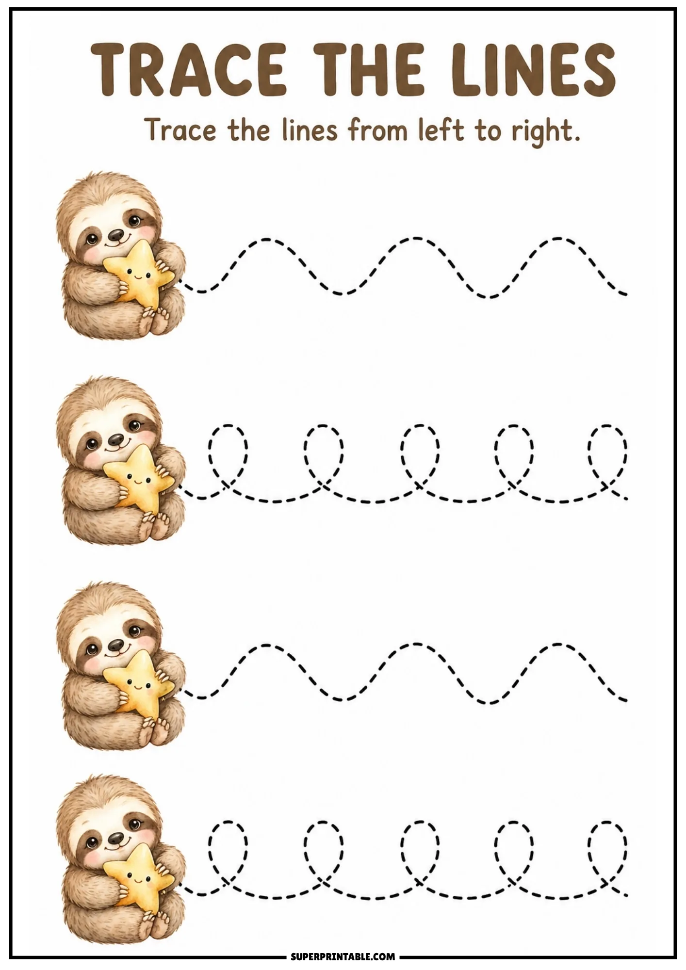 Printable line tracing worksheet with a cute baby sloth hugging a yellow star and mixed tracing patterns.