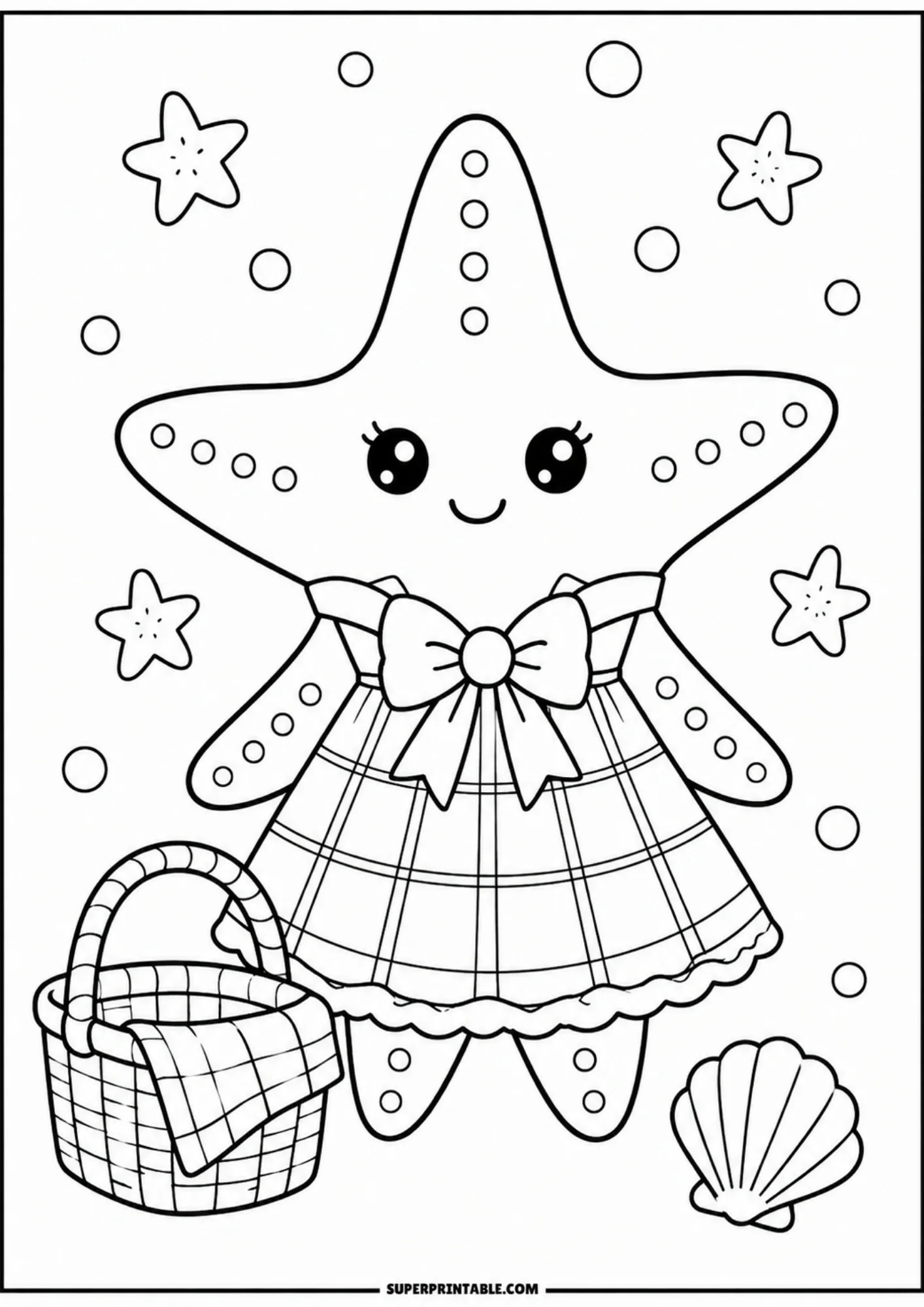 A cartoon starfish wearing a plaid dress with a large bow, standing next to a picnic basket and a seashell.