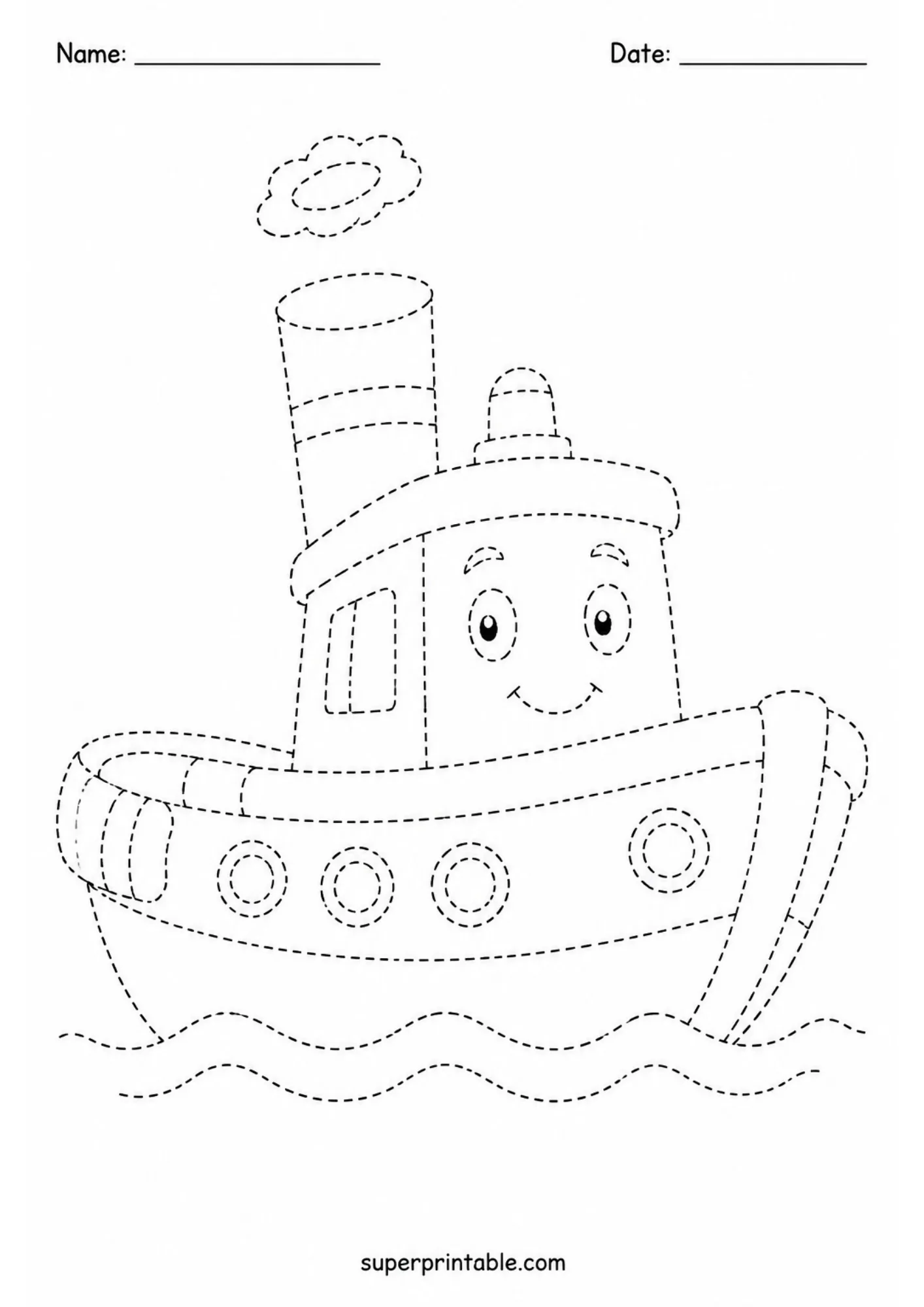 Black and white dashed tracing sheet showing a smiling cartoon steamboat floating on water waves.