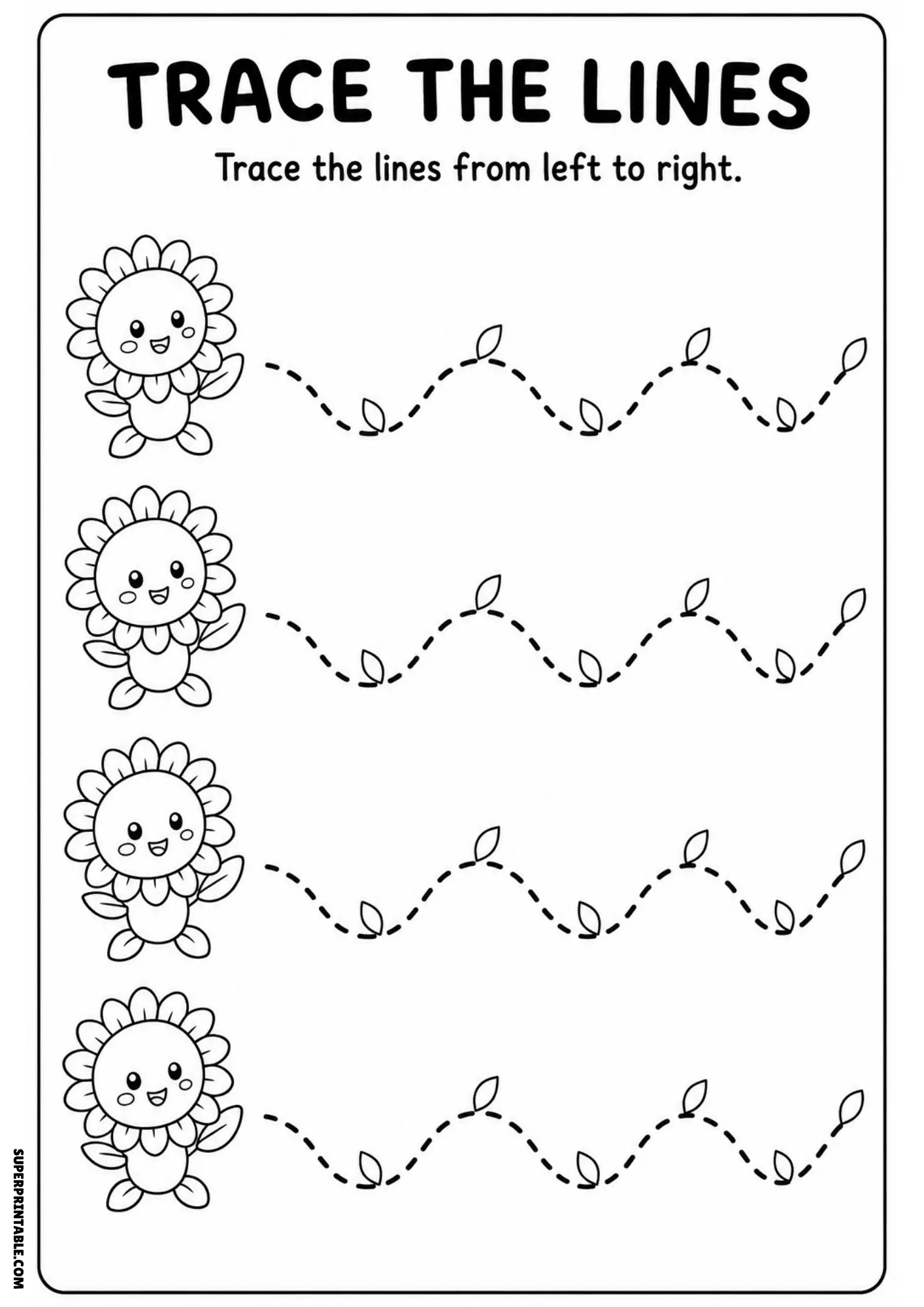 Black and white line art worksheet showing four cartoon sunflowers next to dashed wavy lines adorned with small leaves.