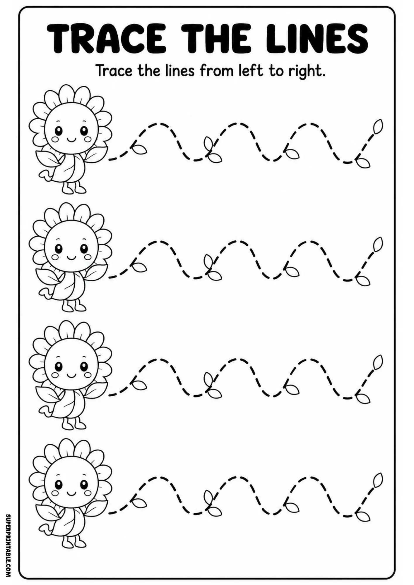 Black and white tracing worksheet with four cute cartoon sunflowers and dashed wavy tracing lines with tiny leaves.