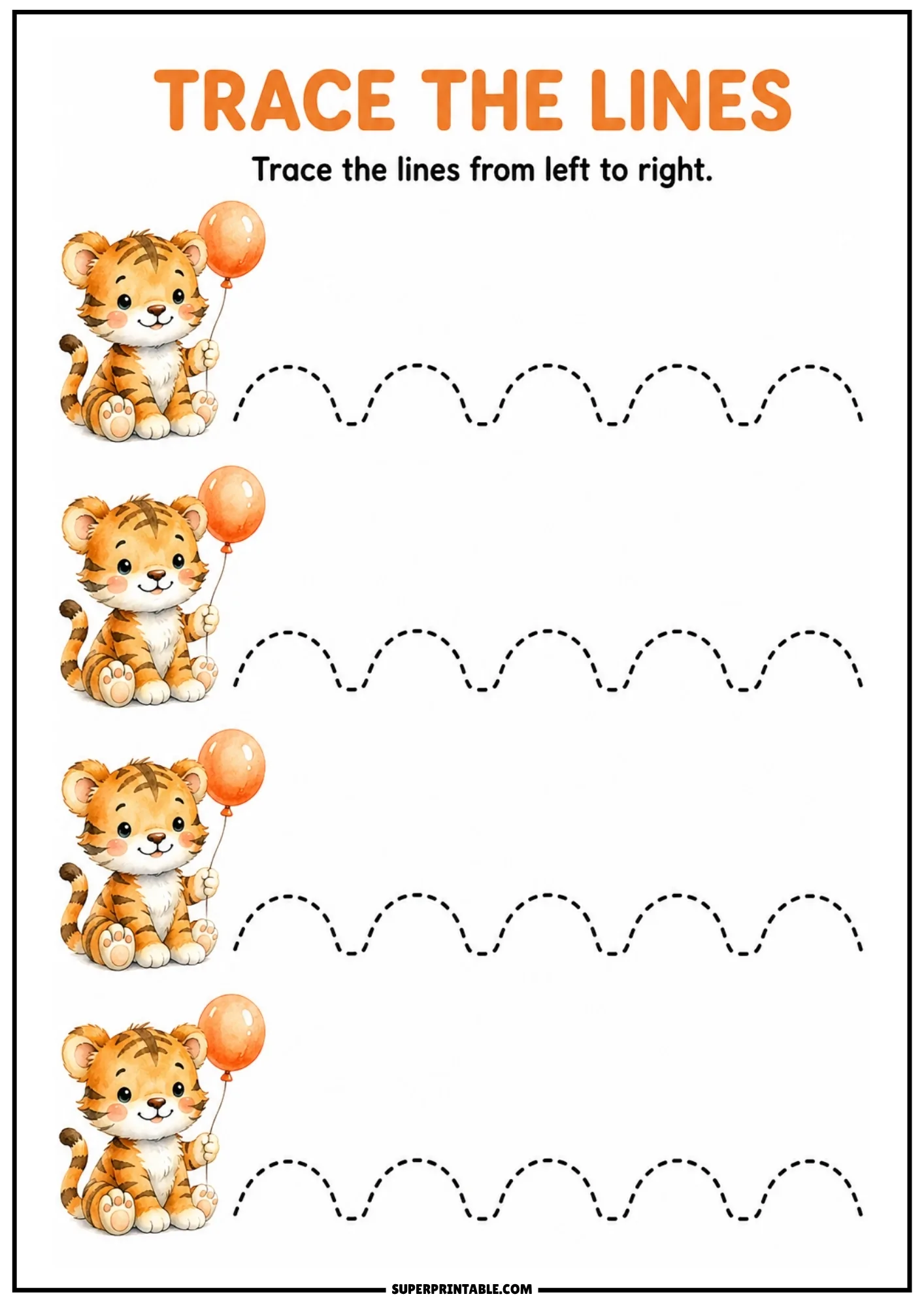 Color line tracing worksheet with baby tigers holding orange balloons and dashed arch patterns.
