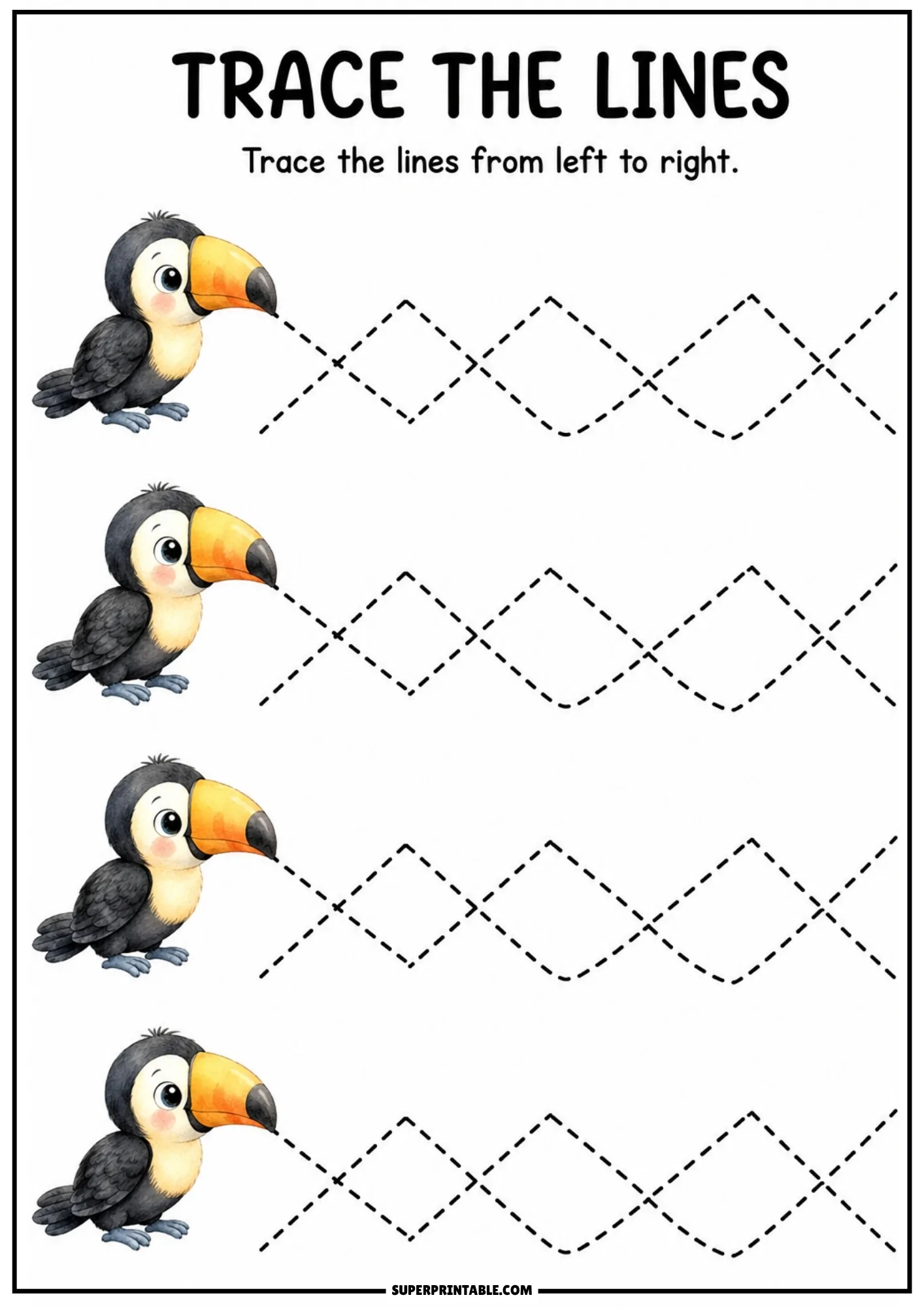 Printable line tracing worksheet with a cute toucan bird and crisscross diamond lines.