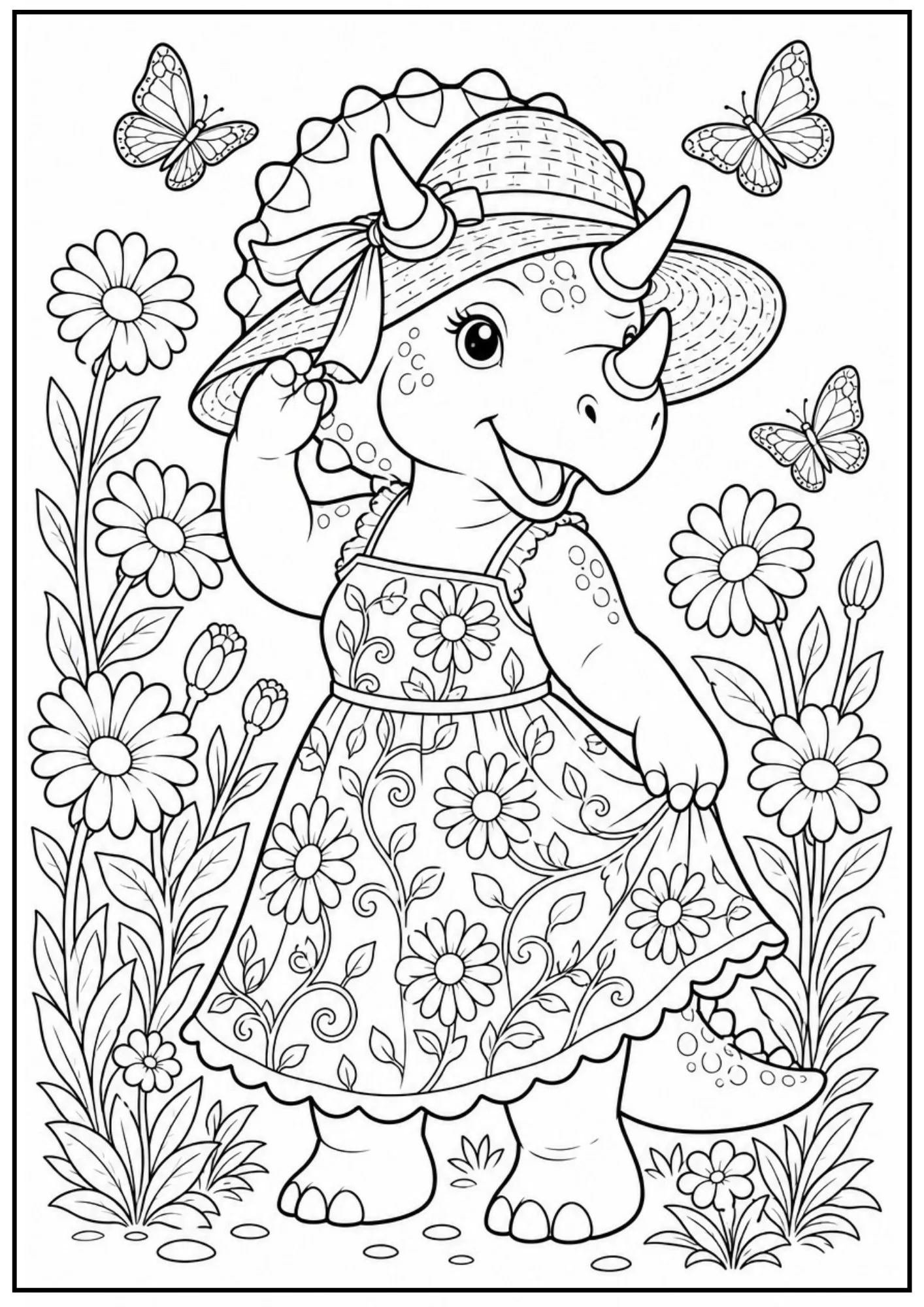 A black and white coloring page of a cute cartoon triceratops wearing a daisy-patterned dress and a straw hat. The dinosaur is standing in a patch of daisies and butterflies.