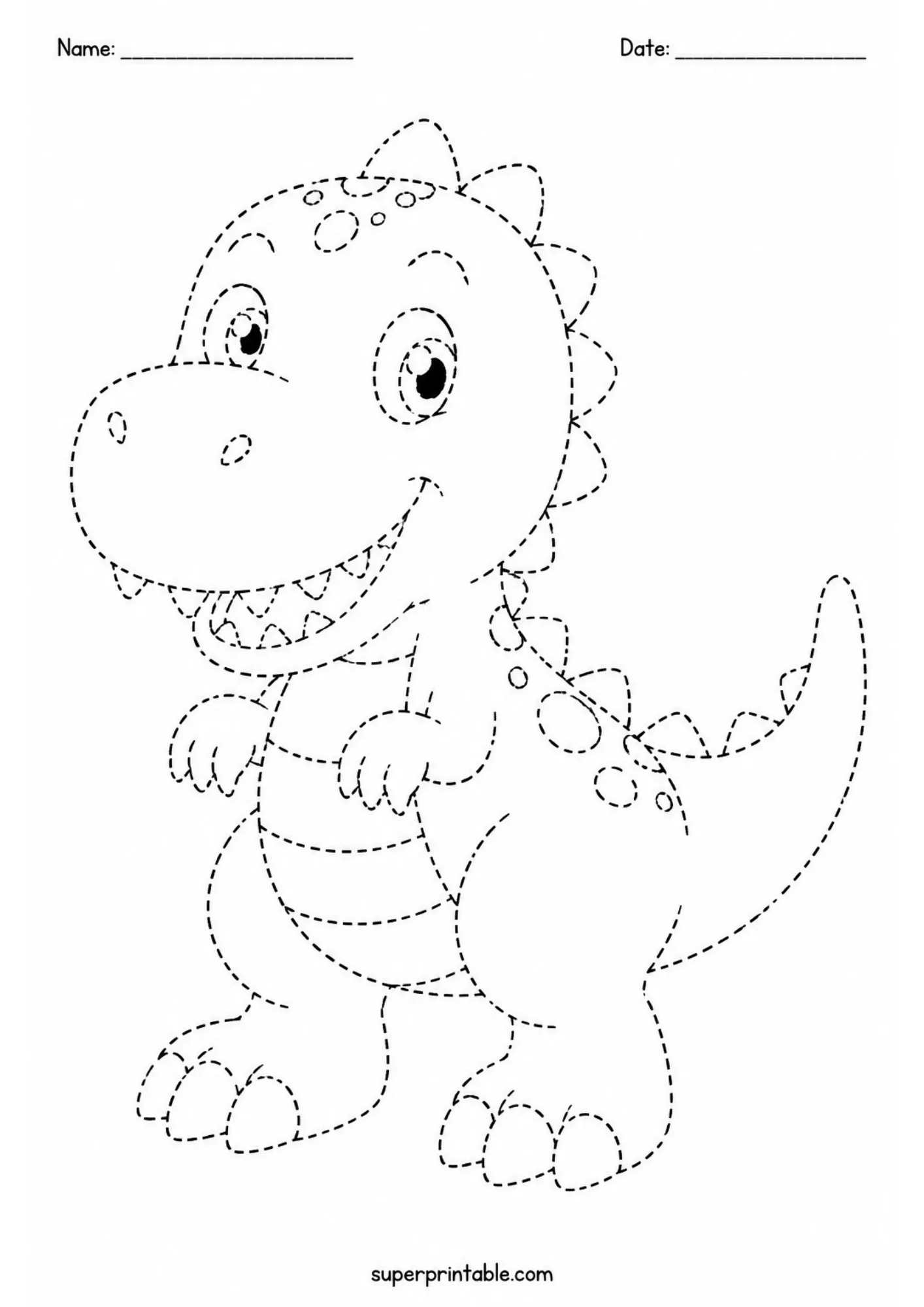 Line tracing worksheet of a friendly cartoon Tyrannosaurus Rex drawn with dashed lines on a white background.