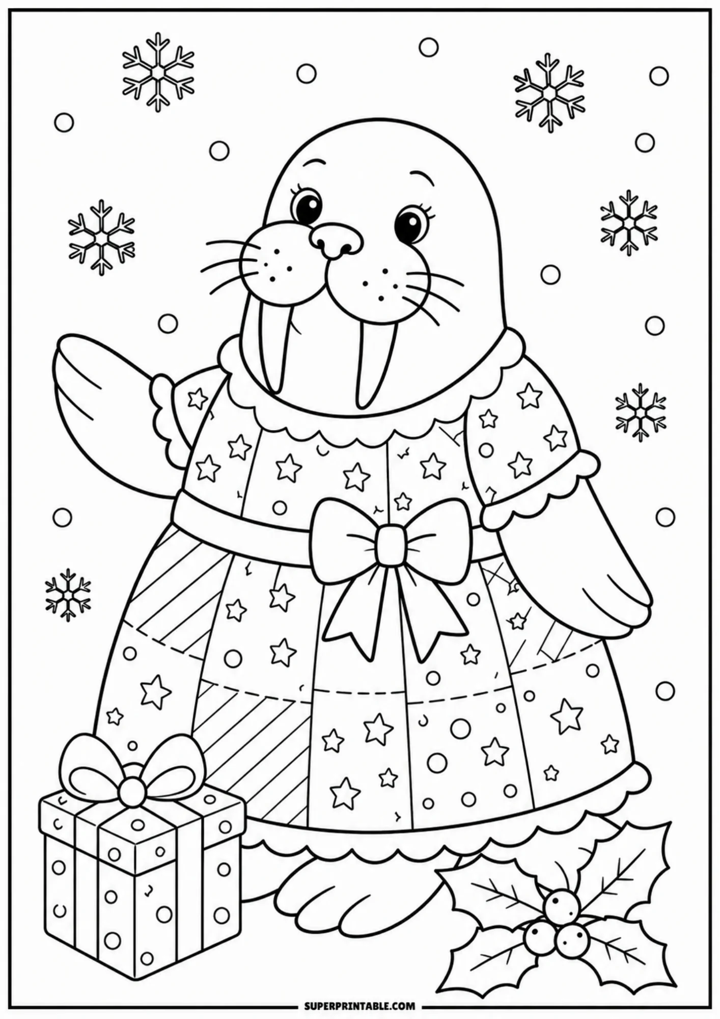 A cartoon walrus wearing a star-covered dress, waving its flipper next to a wrapped gift box and holly leaves under falling snow.