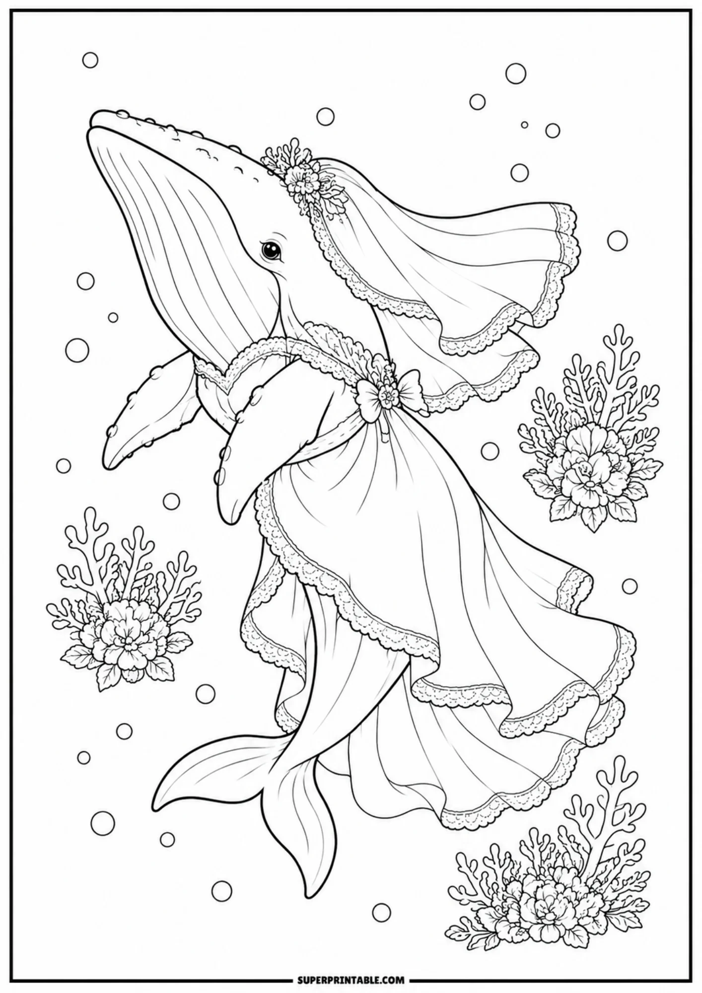 A cartoon whale wearing a lace wedding dress and a floral veil, swimming underwater near coral plants.