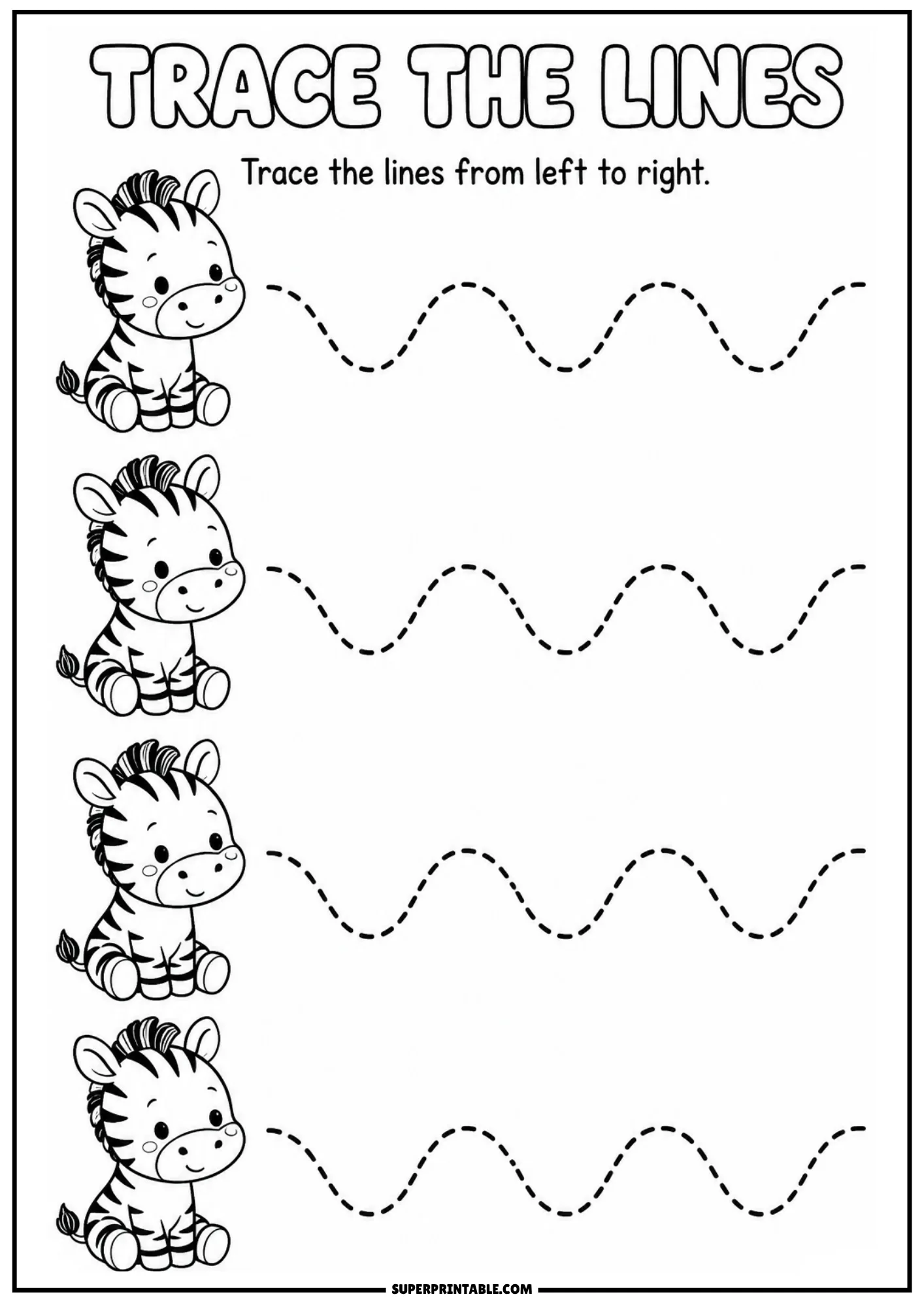 Printable line tracing worksheet with cute sitting baby zebras and smooth wavy dashed lines.