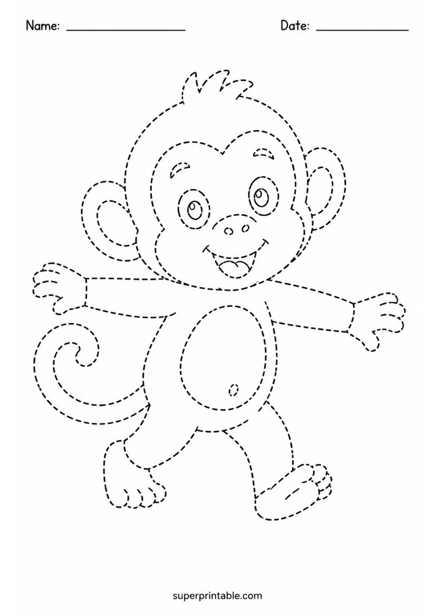 Black and white dashed line tracing page of a baby monkey stepping forward with open arms, a happy open smile, and a swirly tail.