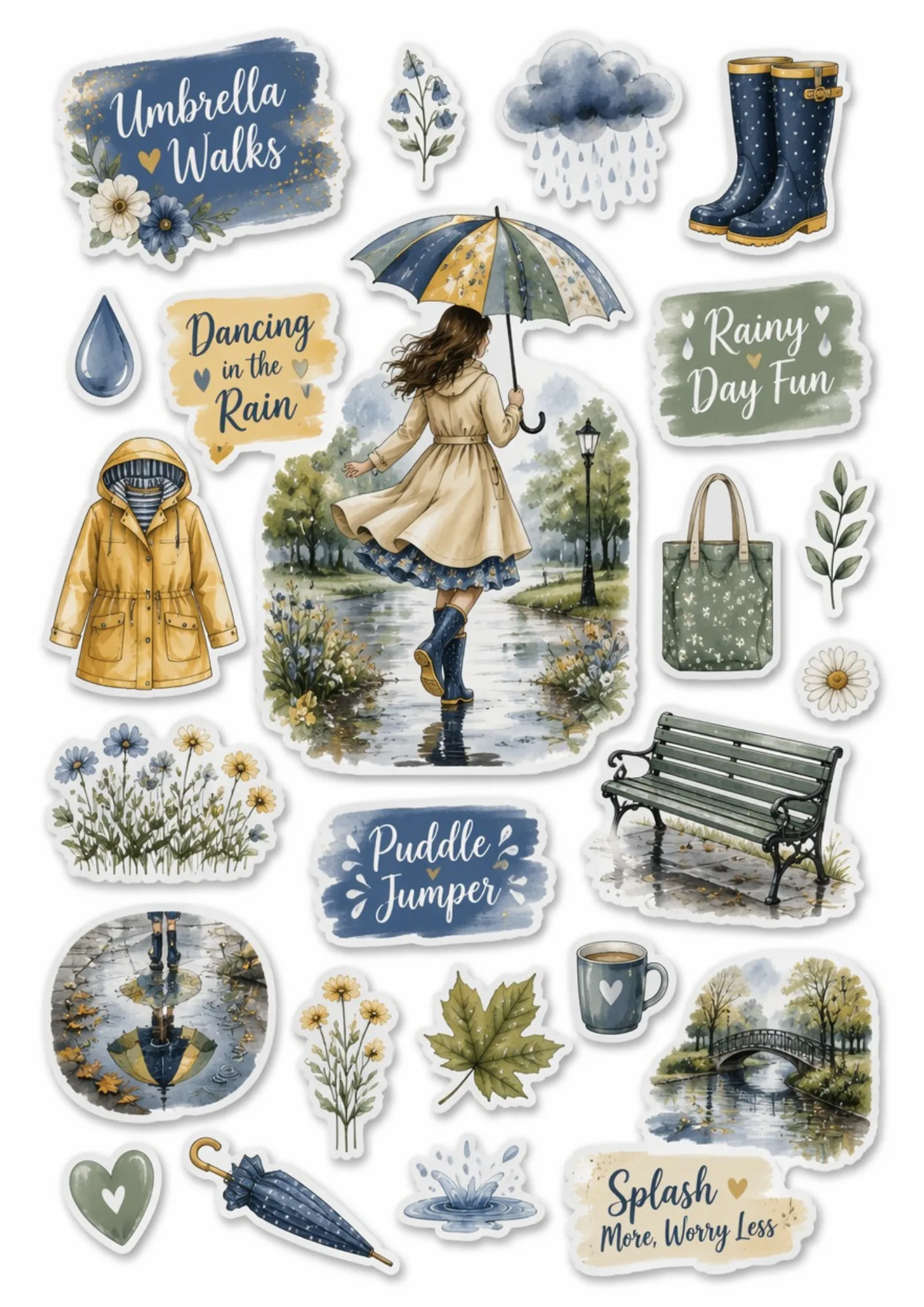 Printable sticker sheet featuring outdoor rainy day motifs, including a woman twirling with an umbrella, rain boots, raincoat, park bench, and water puddles.