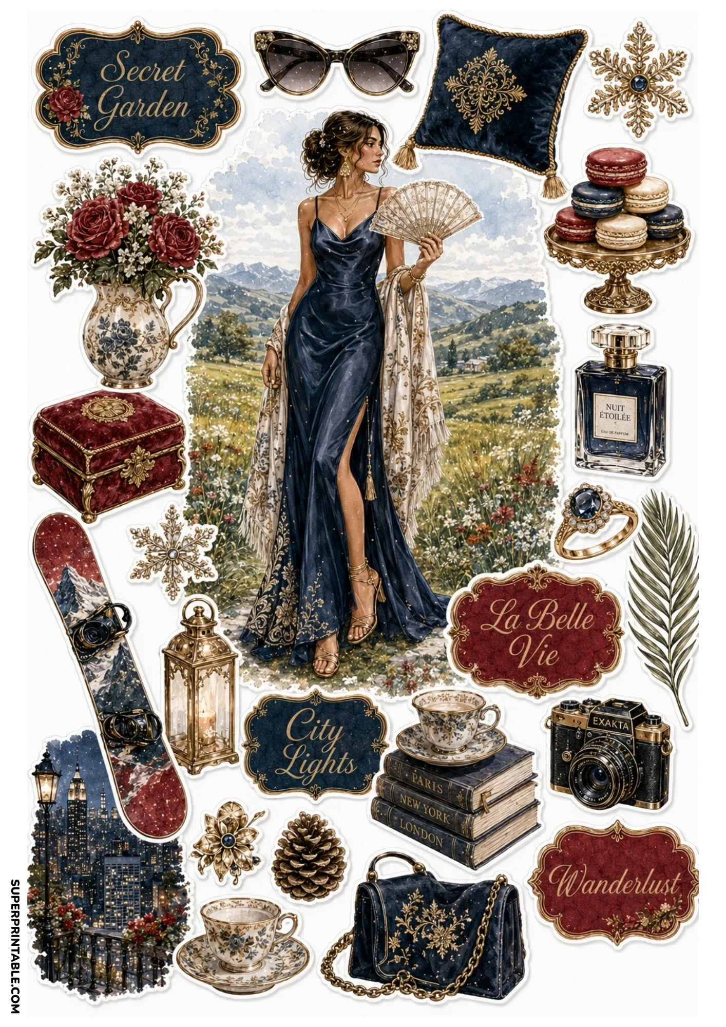 Watercolor sticker collage illustrating a woman in a dark blue gown holding a fan in a flower field, framed by city nightscapes, leather books, and dark velvet accents.