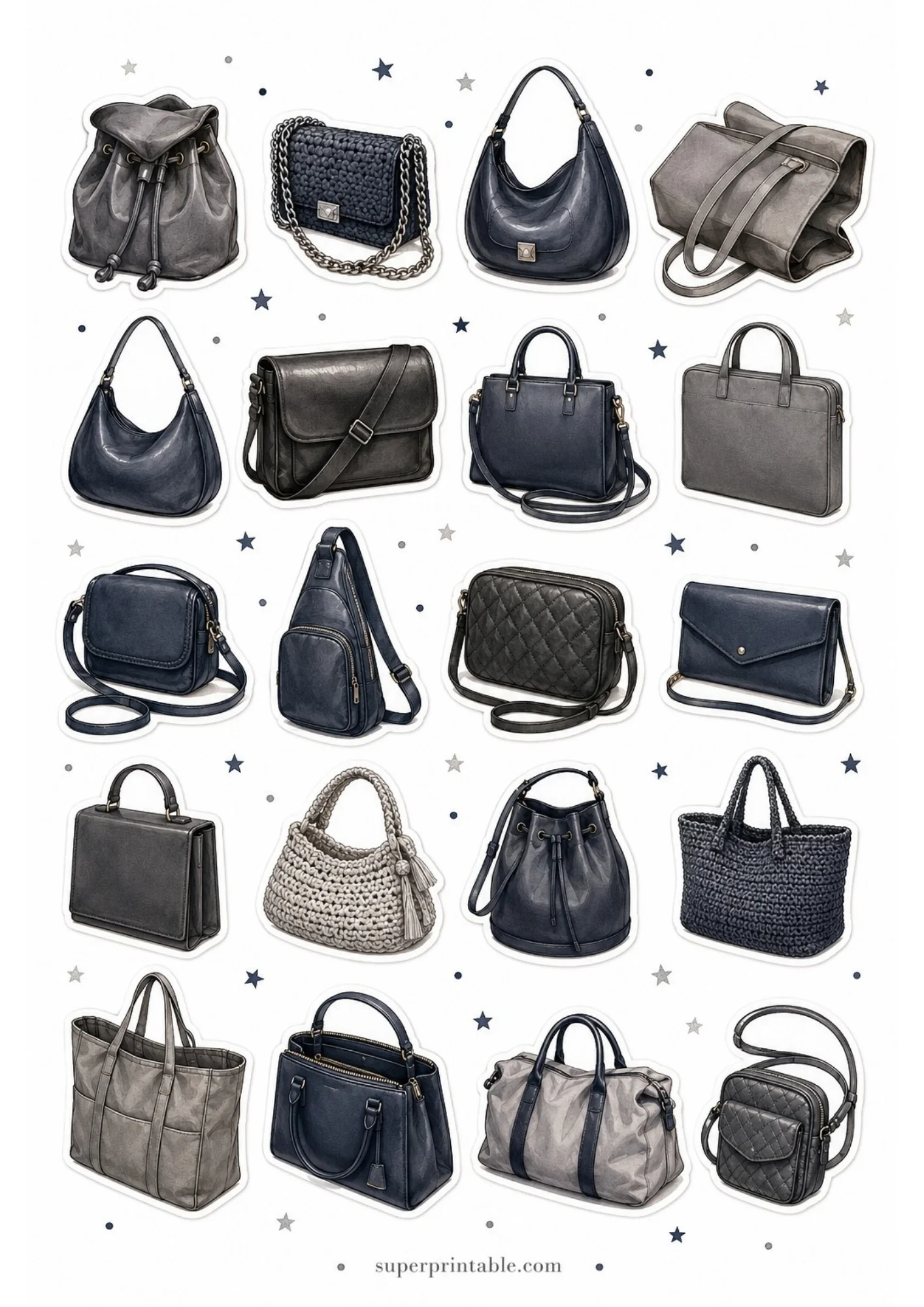 A sticker sheet showing 20 dark-colored designer handbags in navy blue, charcoal, and gray, with silver and gold chain straps.