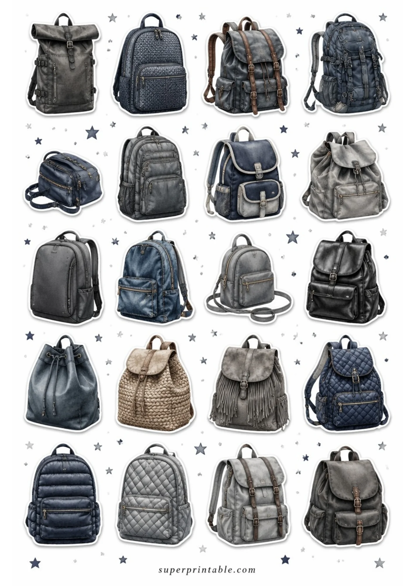 A sheet of printable stickers featuring twenty individual backpacks in dark grey, charcoal, black, and navy blue, decorated with navy stars.