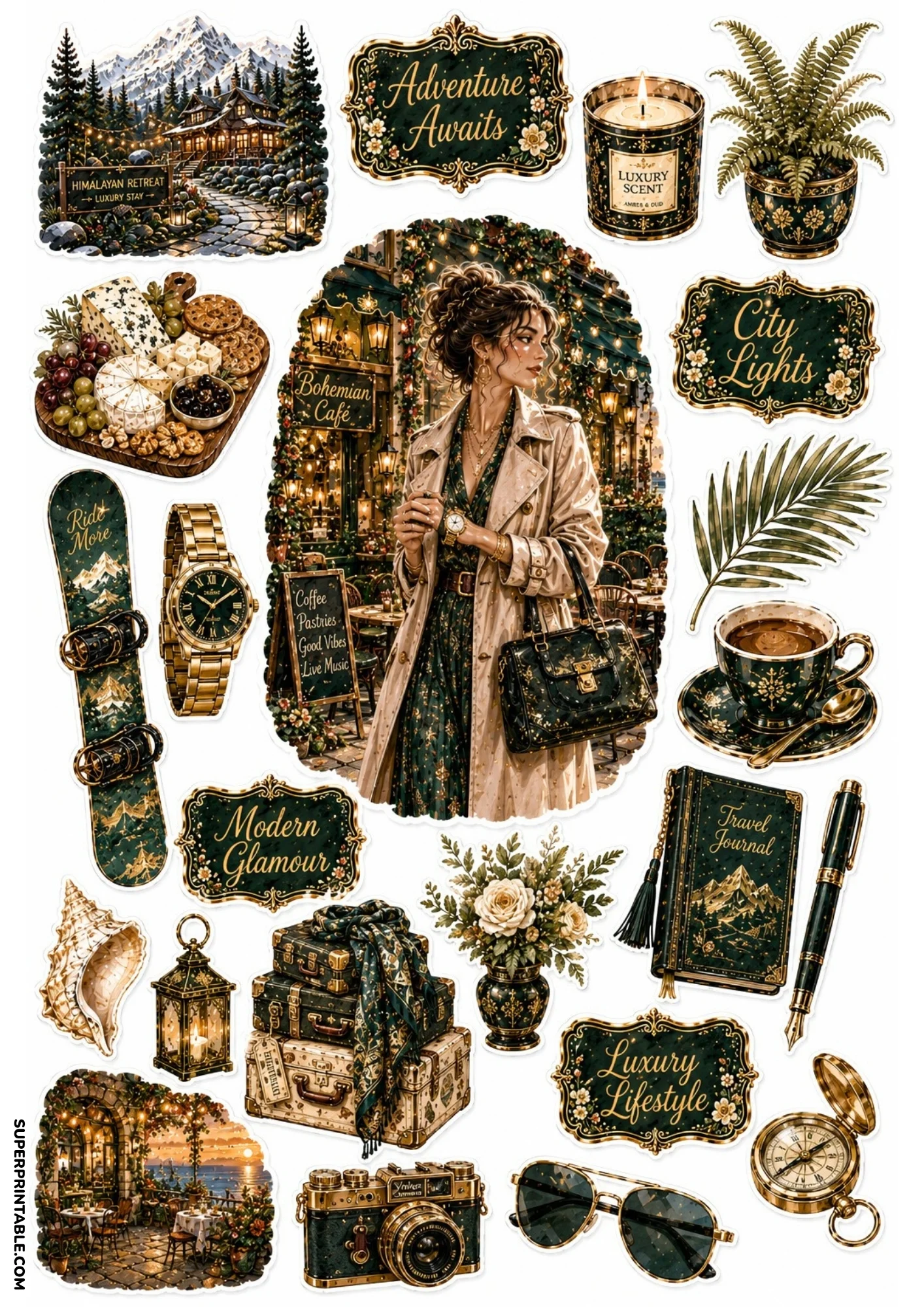 Sticker sheet with dark moss green artwork showing a woman on a lit city street, green snowboard, gold wristwatch, travel journal, and luggage stack.