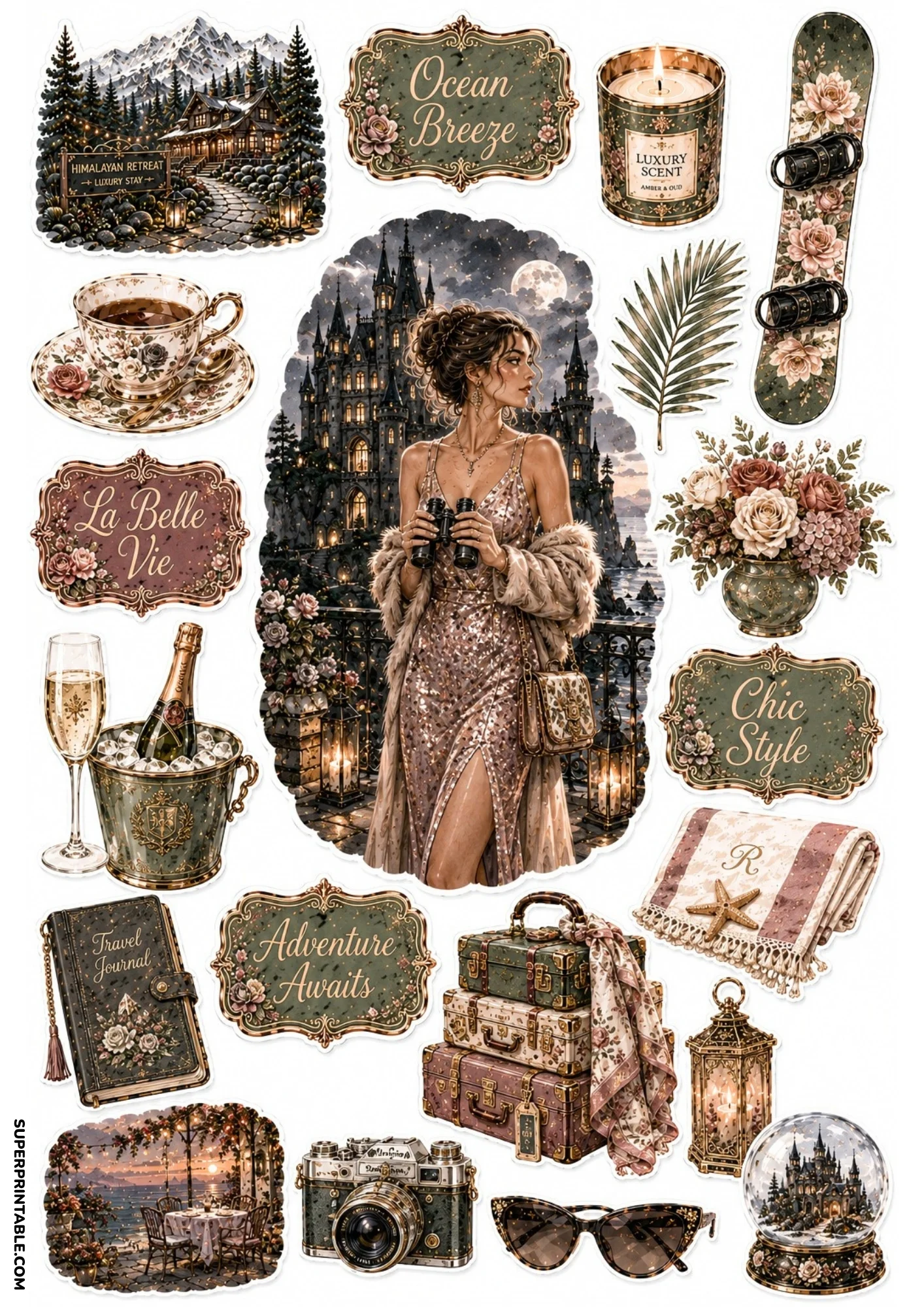 Printable sticker sheet with dark olive green illustrations depicting a woman on a castle balcony, champagne in an ice bucket, floral snowboard, and castle snow globe.