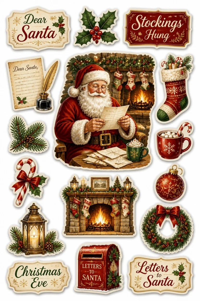 Santa Claus reading wishlist letters beside a roaring fireplace, surrounded by red North Pole mailbox, quill inkwell, Christmas wreath, stocking, and vintage labels.